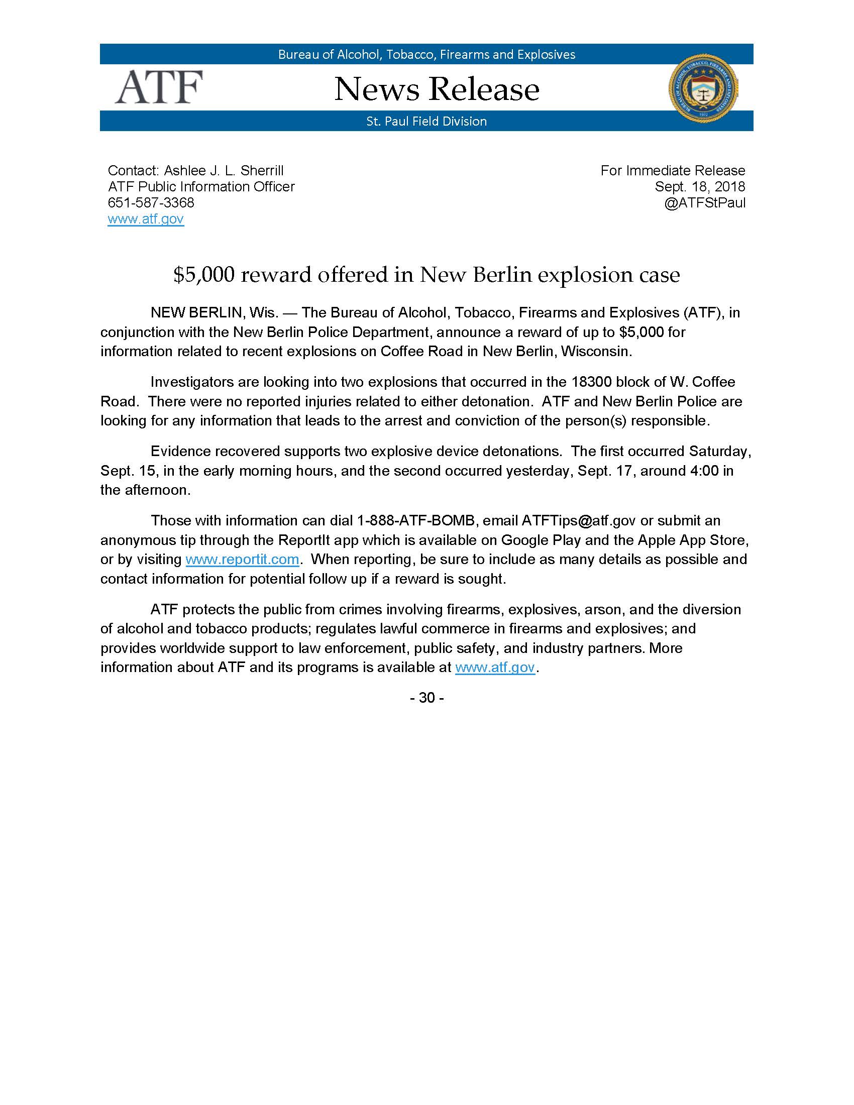 20180918 - ATF SPFD - 5K reward offered in New Berlin Explosion Case E18021525