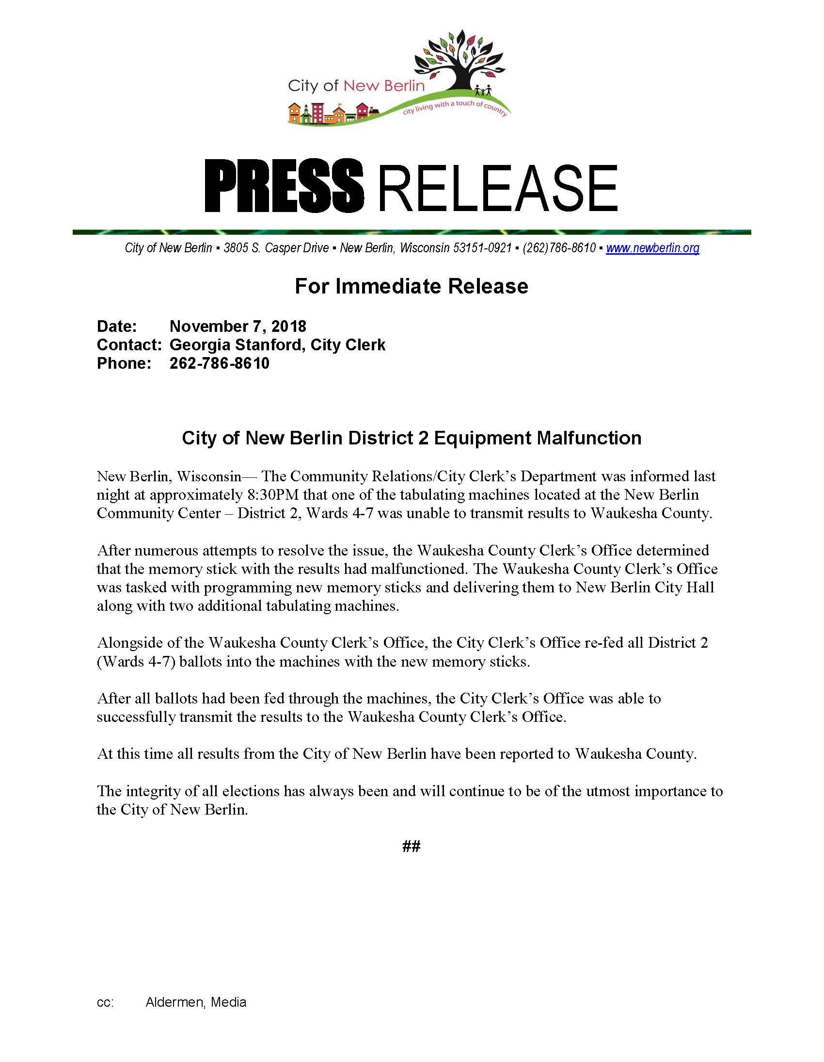Press Release - District 2 Election Equipment Malfunction