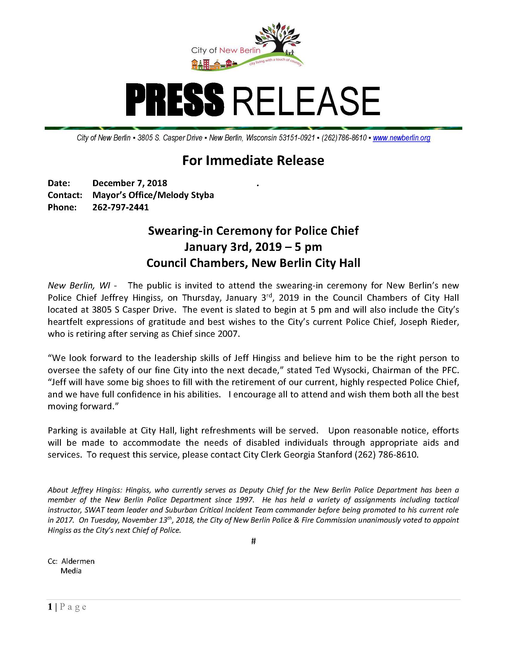 Press-Release - Police Chief Swearing in