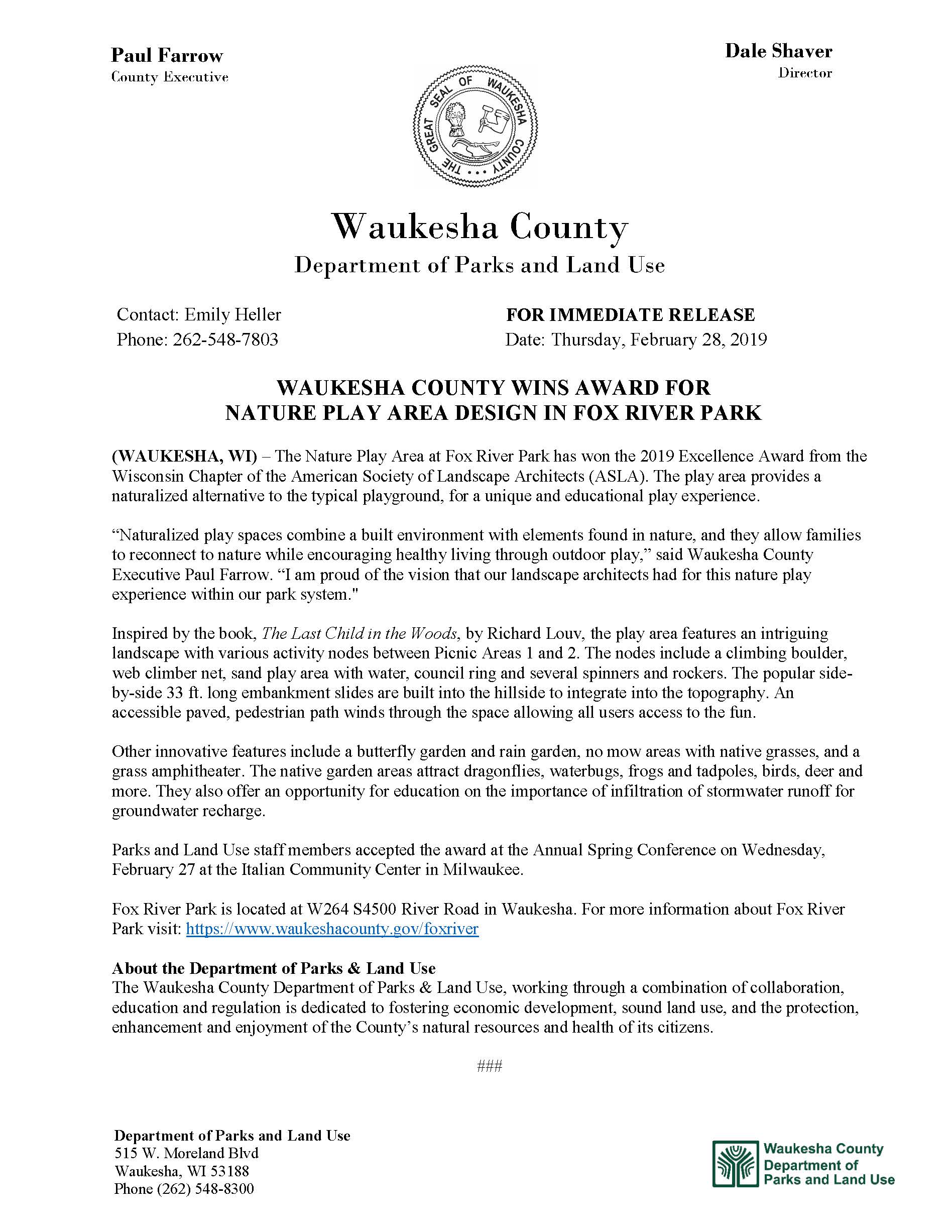 PR_2019 Fox River Nature Play Space Award