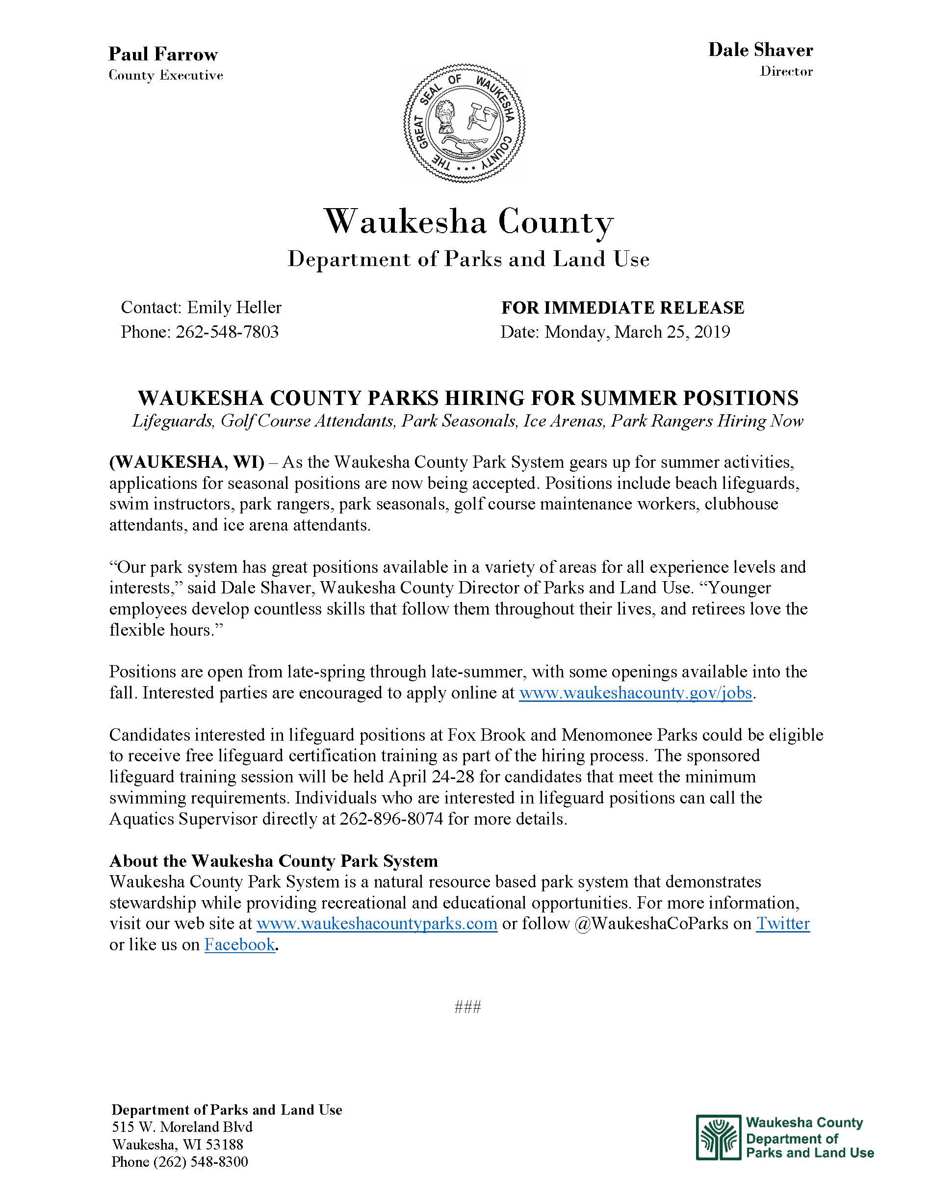 PR_2019 Waukesha County Park Job Recruitment