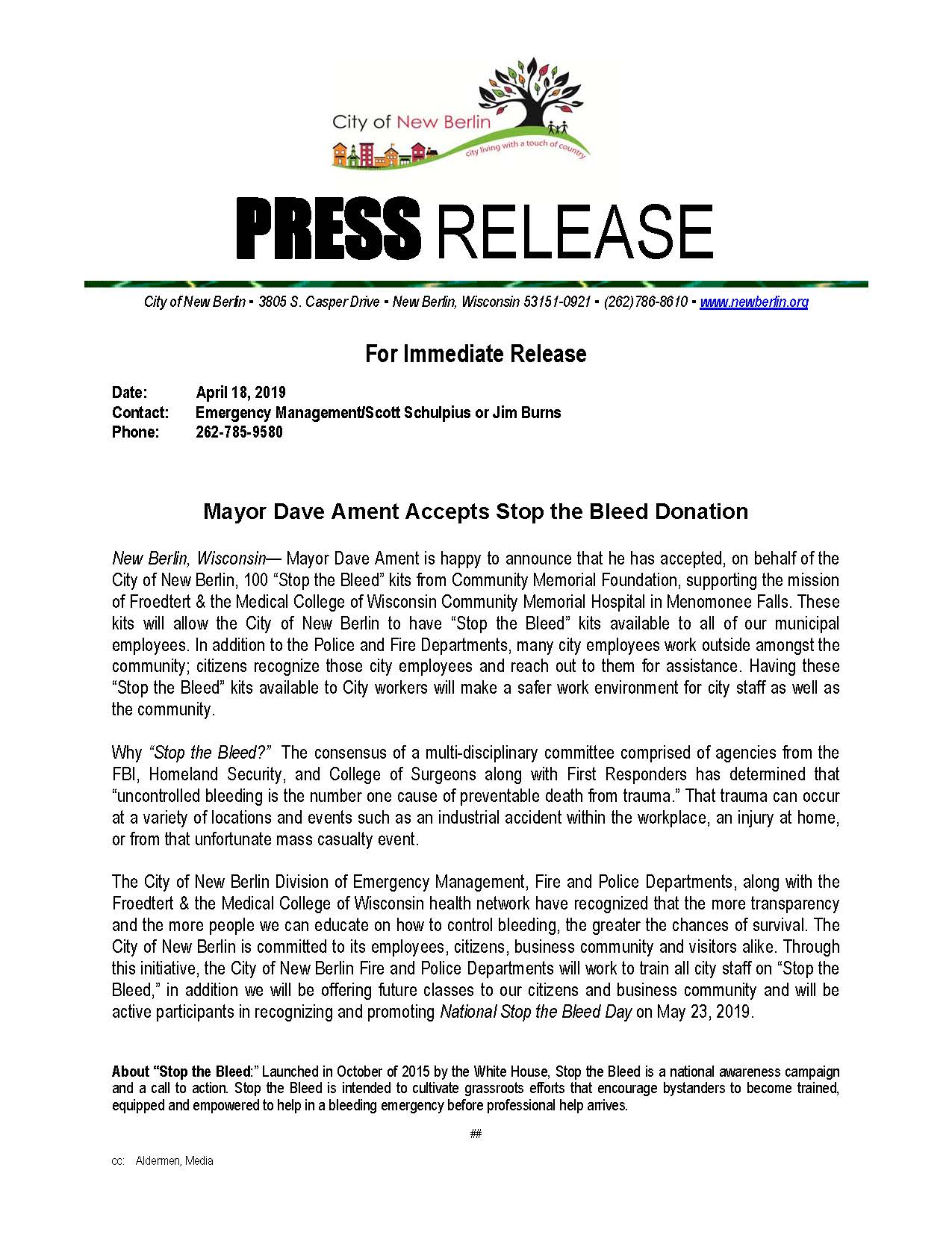Press-Release - Stop the Bleed Donations