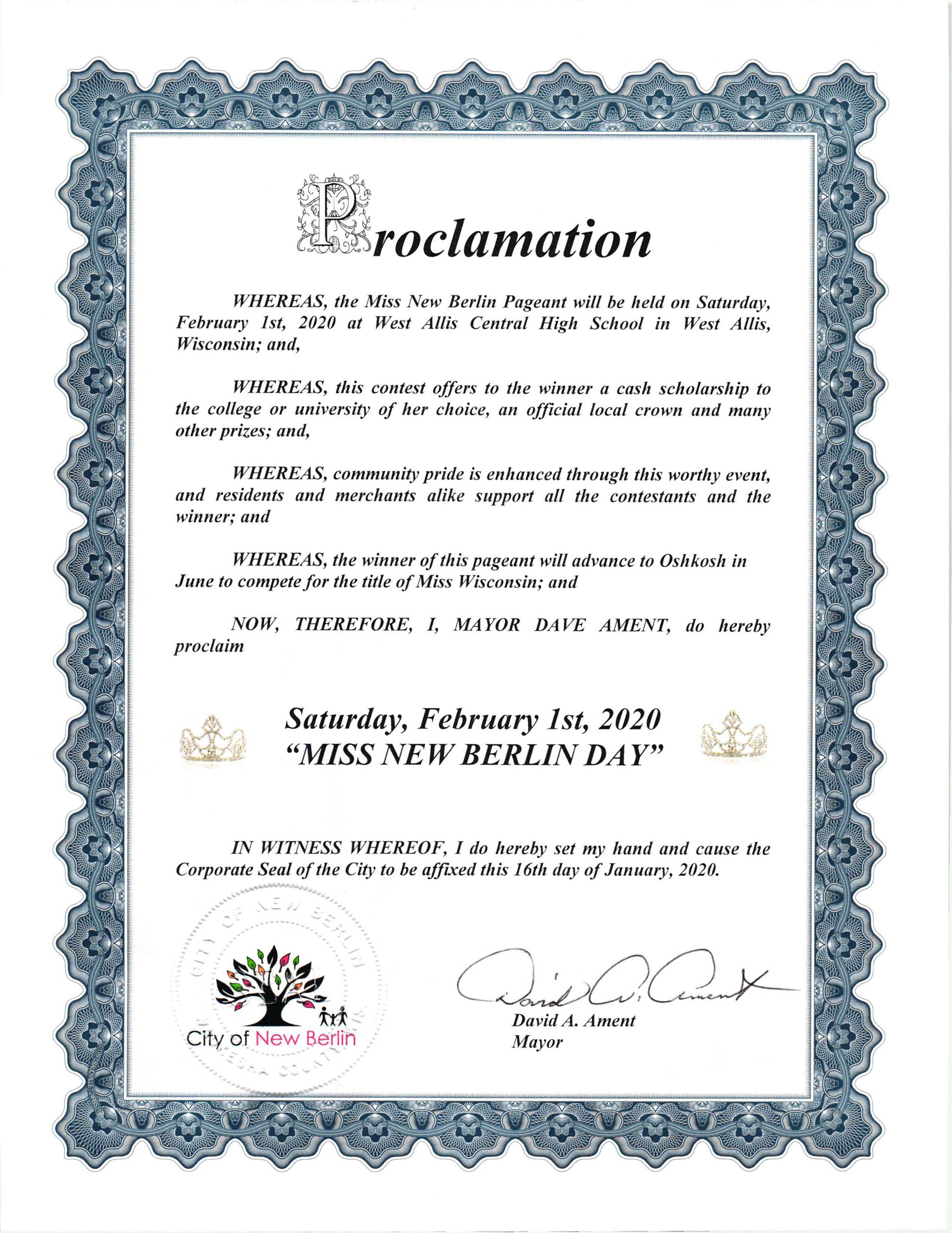 Miss New Berlin Proclamation