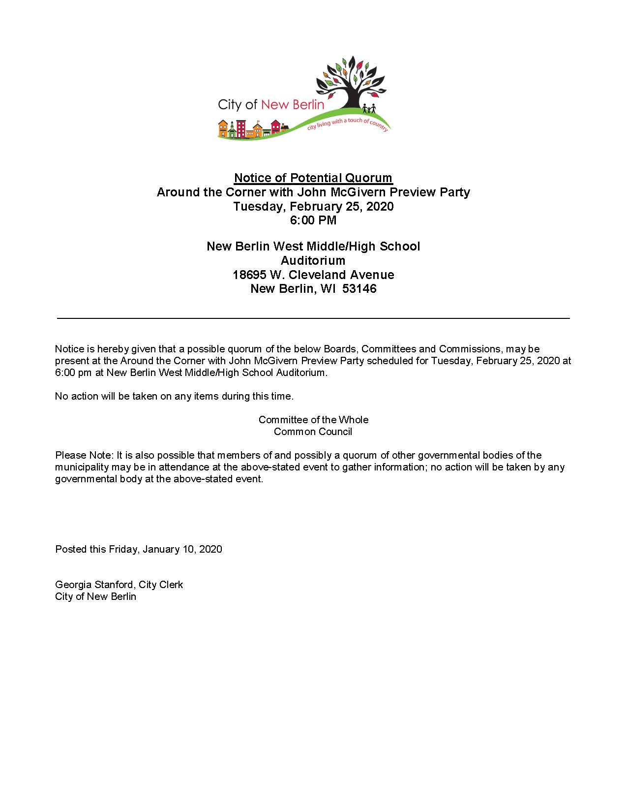 Potential Quorum Notice - Around the Corner 02252020