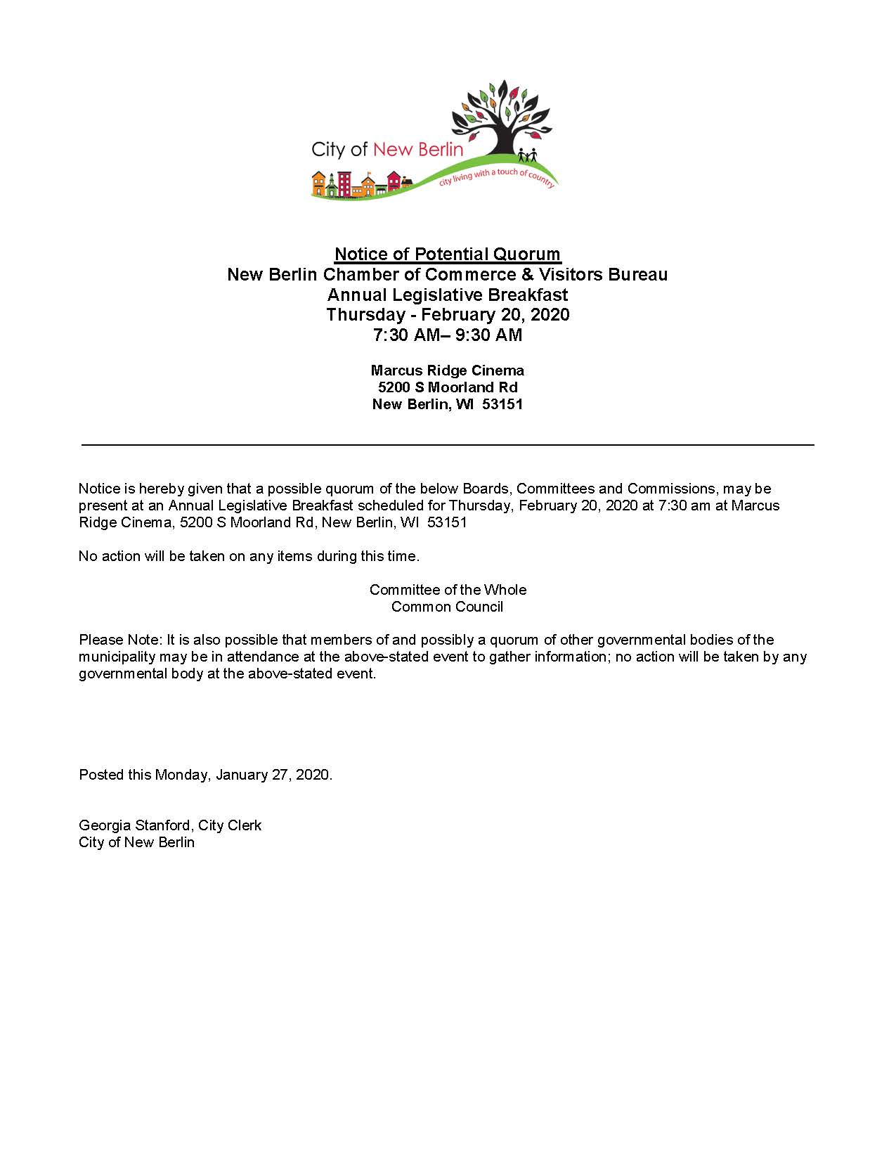 Potential Quorum Notice - Chamber Legislative Lunch