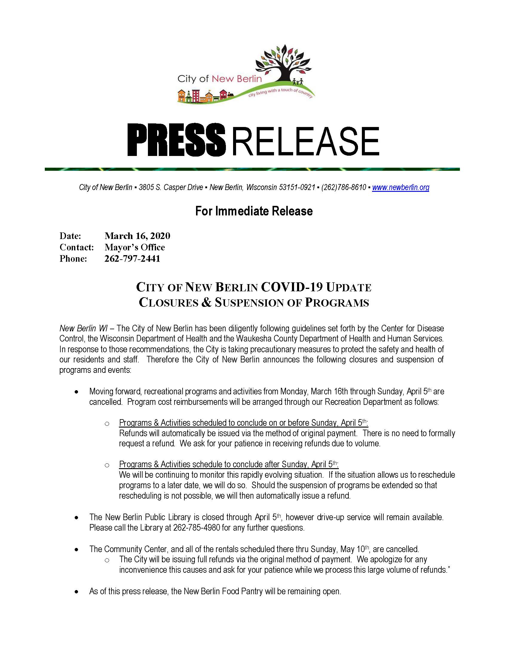 updates and closures covid