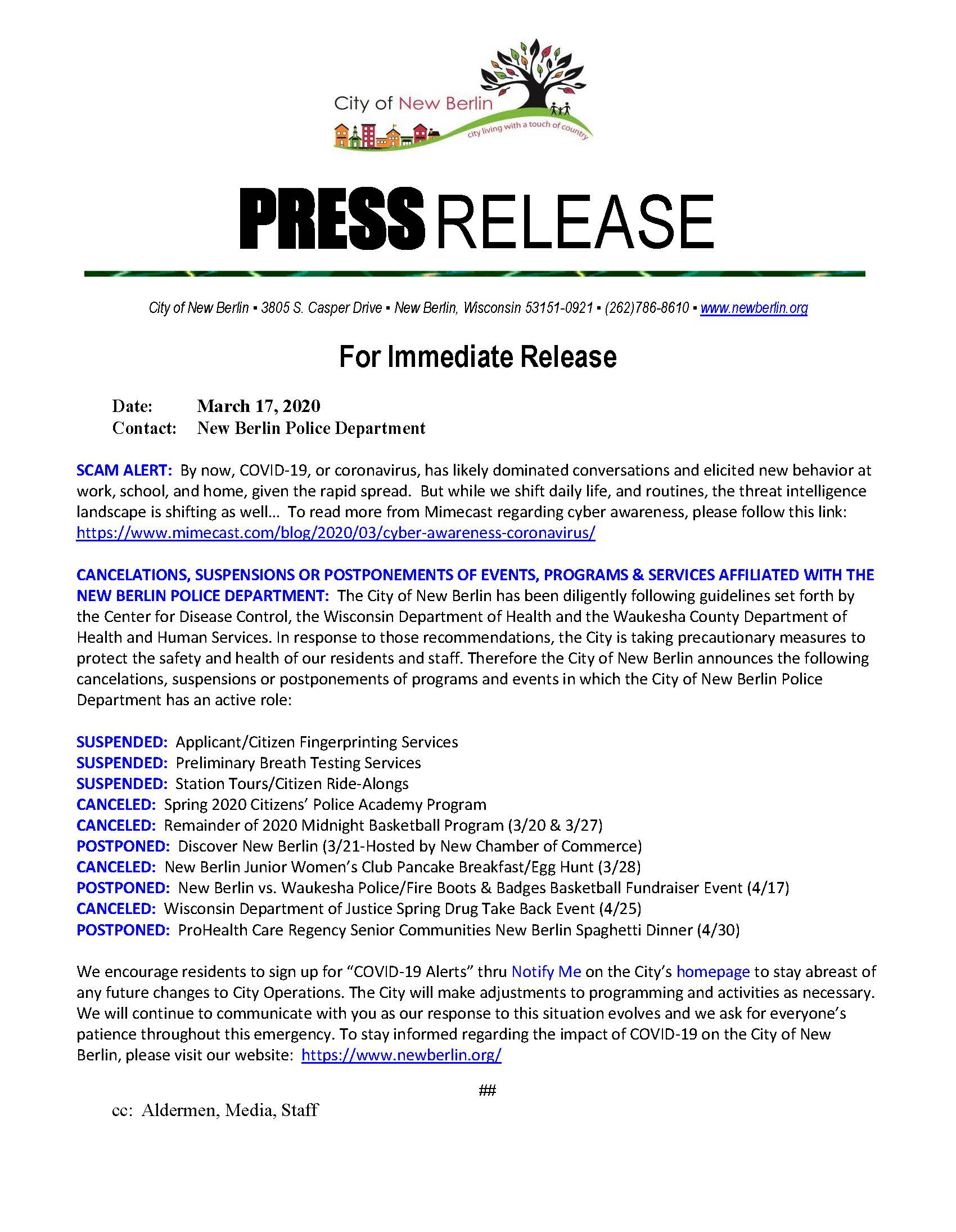 Press Release - NBPD COVID Cancellations