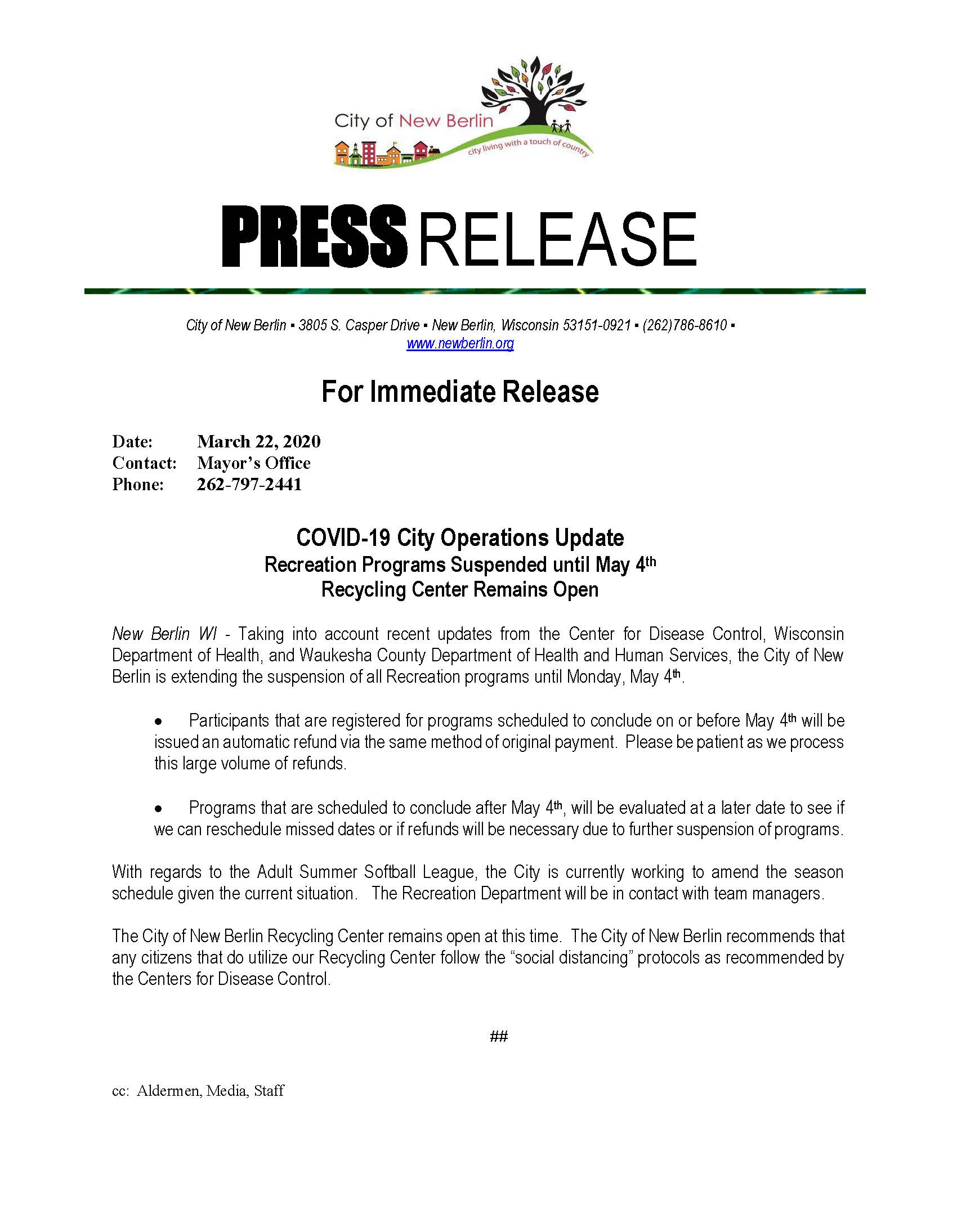 Press Release - Rec Cancellations