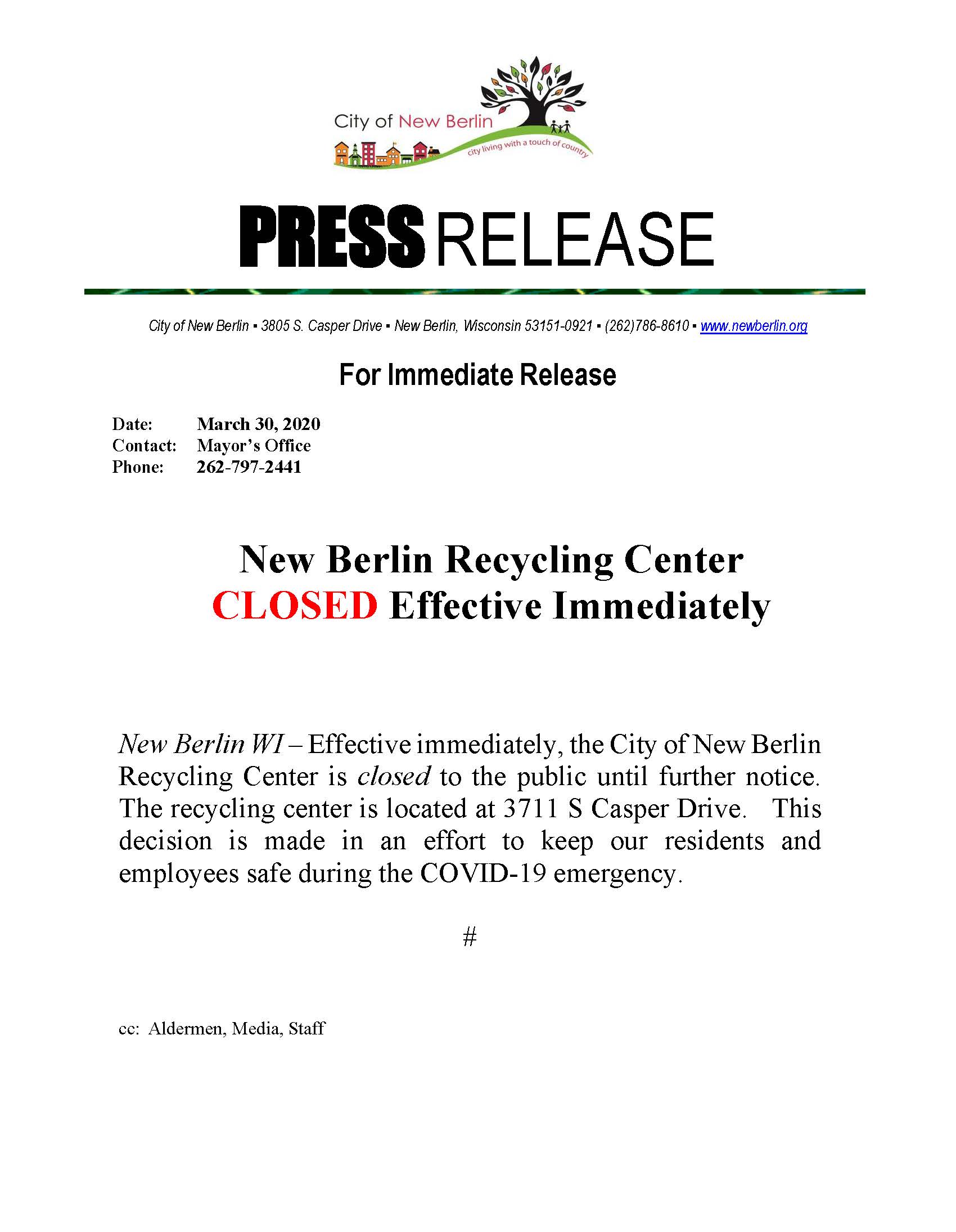 Press Release - Recycling Center CLOSED
