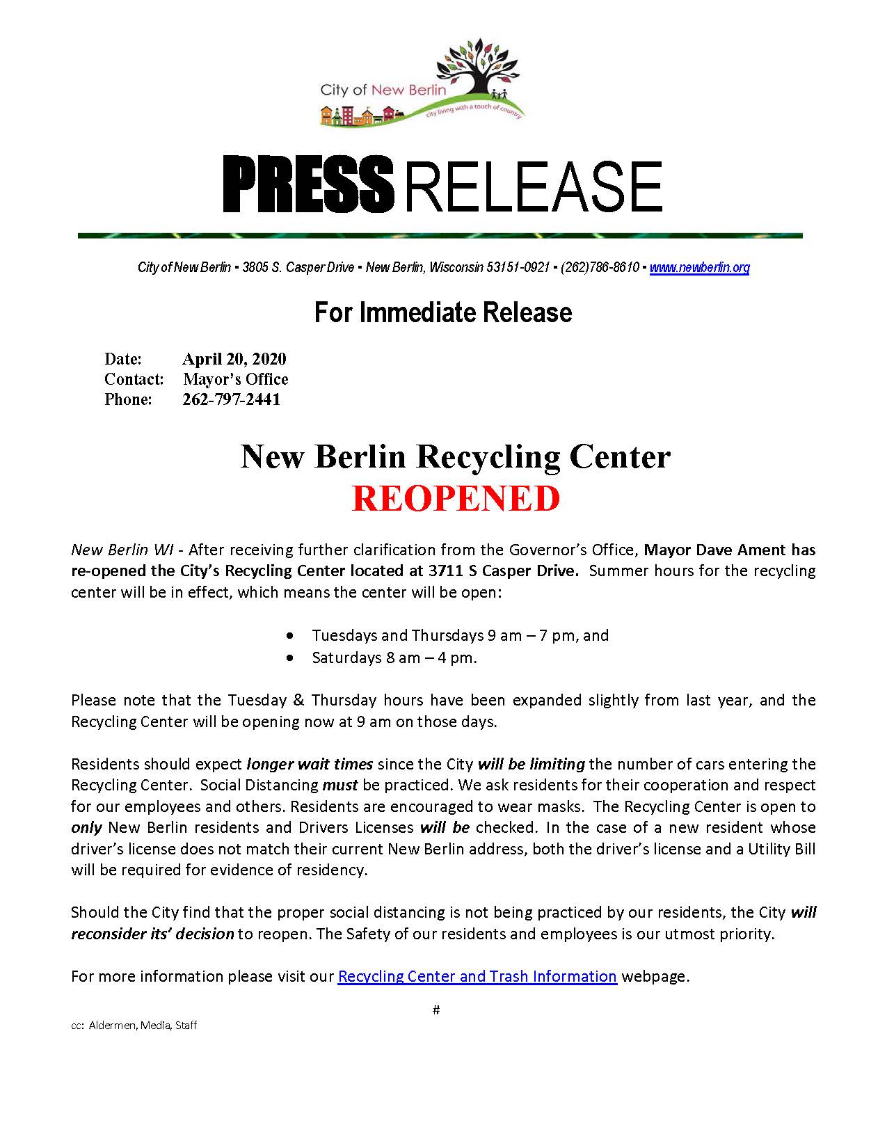 Press Release - Recycling Center Re-Opened (002)
