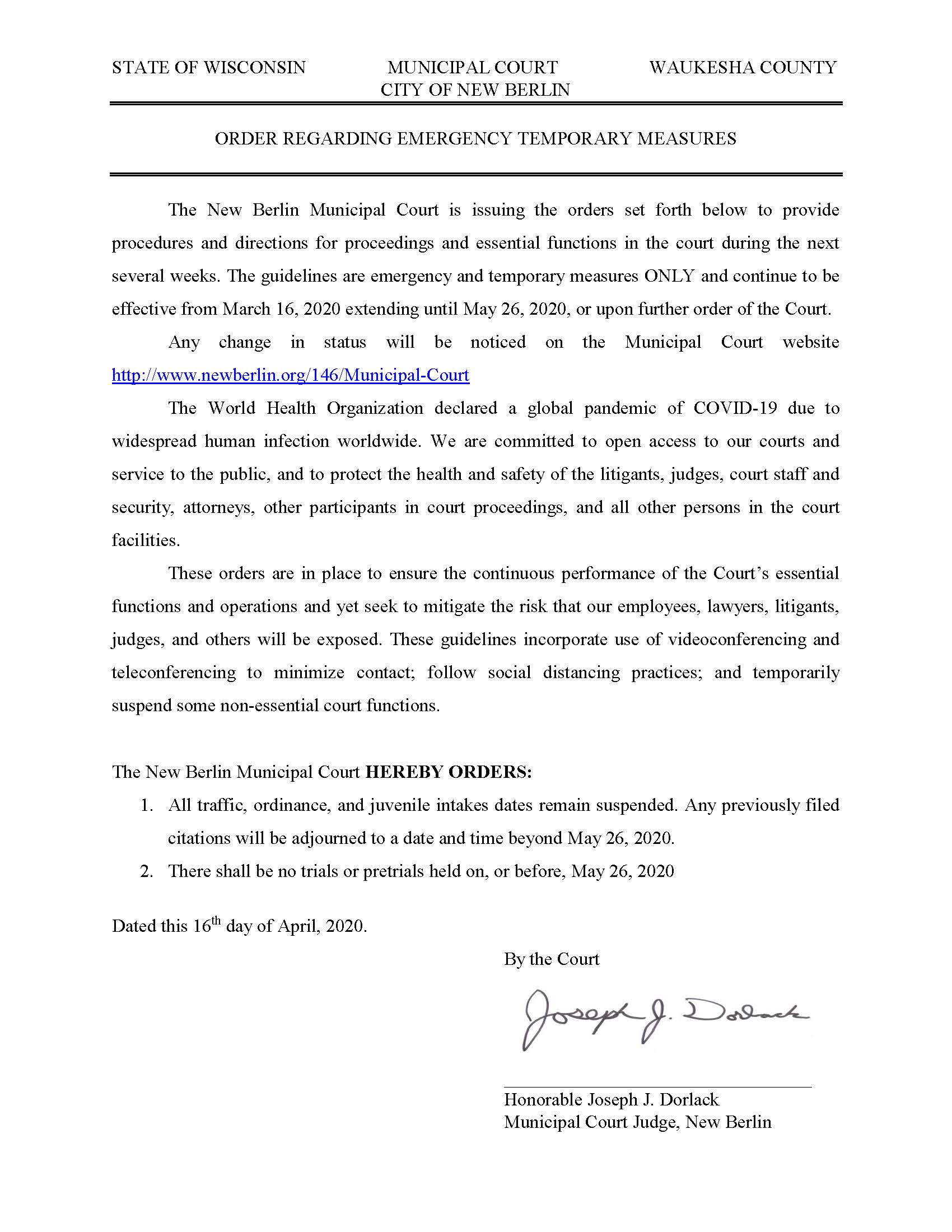 Temporary Emergency Order 3-16-20