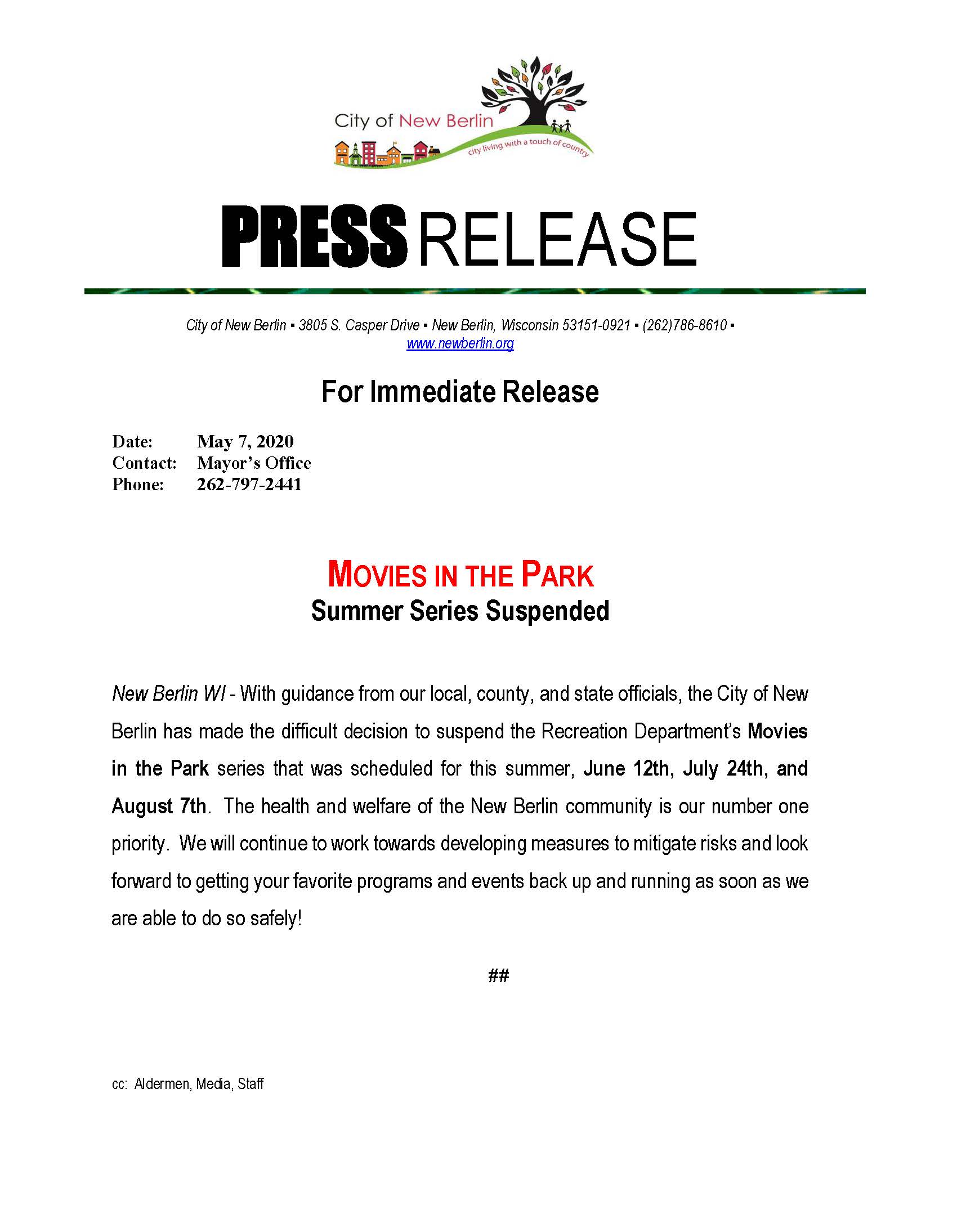 Press Release - Movies in the Park
