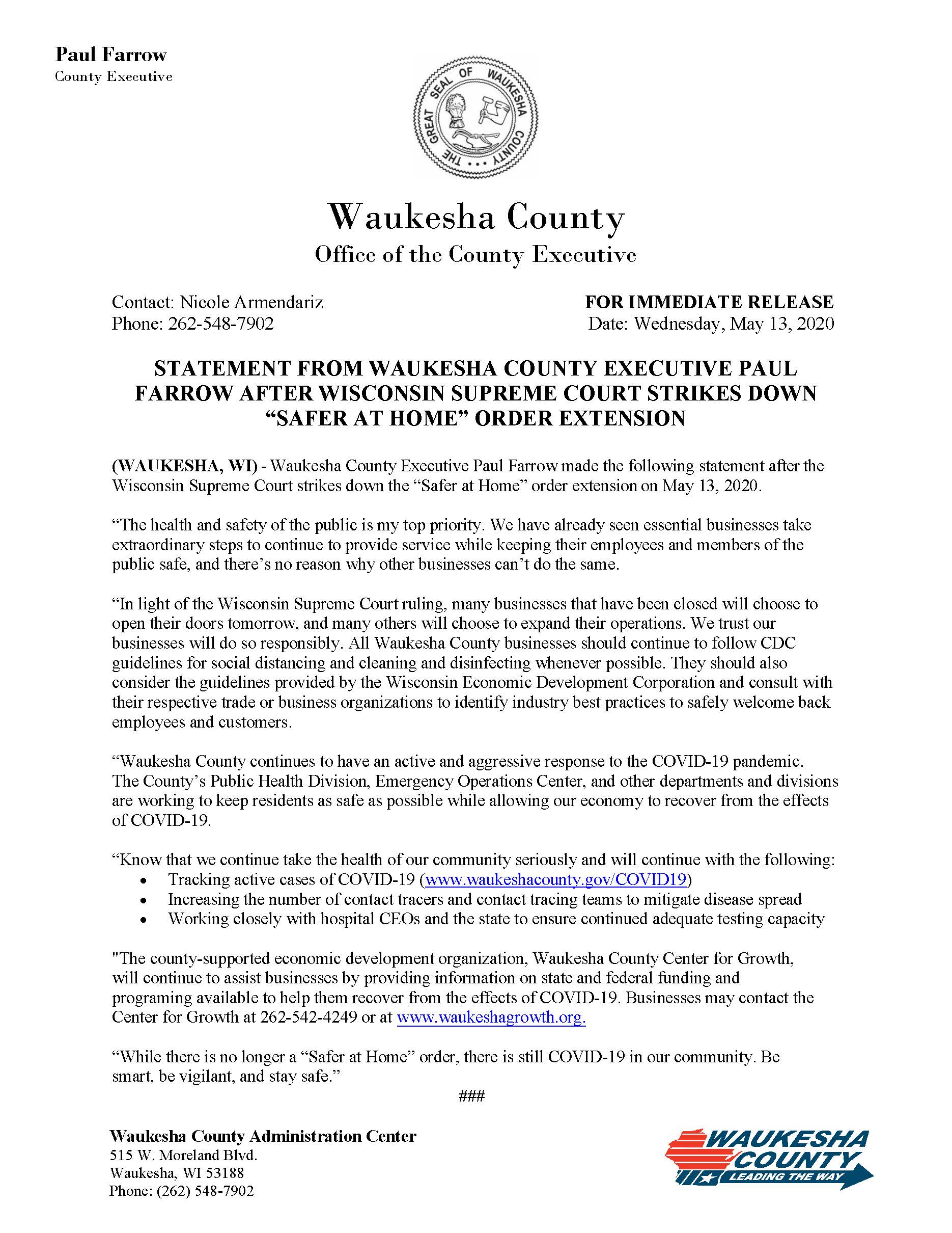 Paul Farrow Statement on Supreme Court Decision 5.13.20