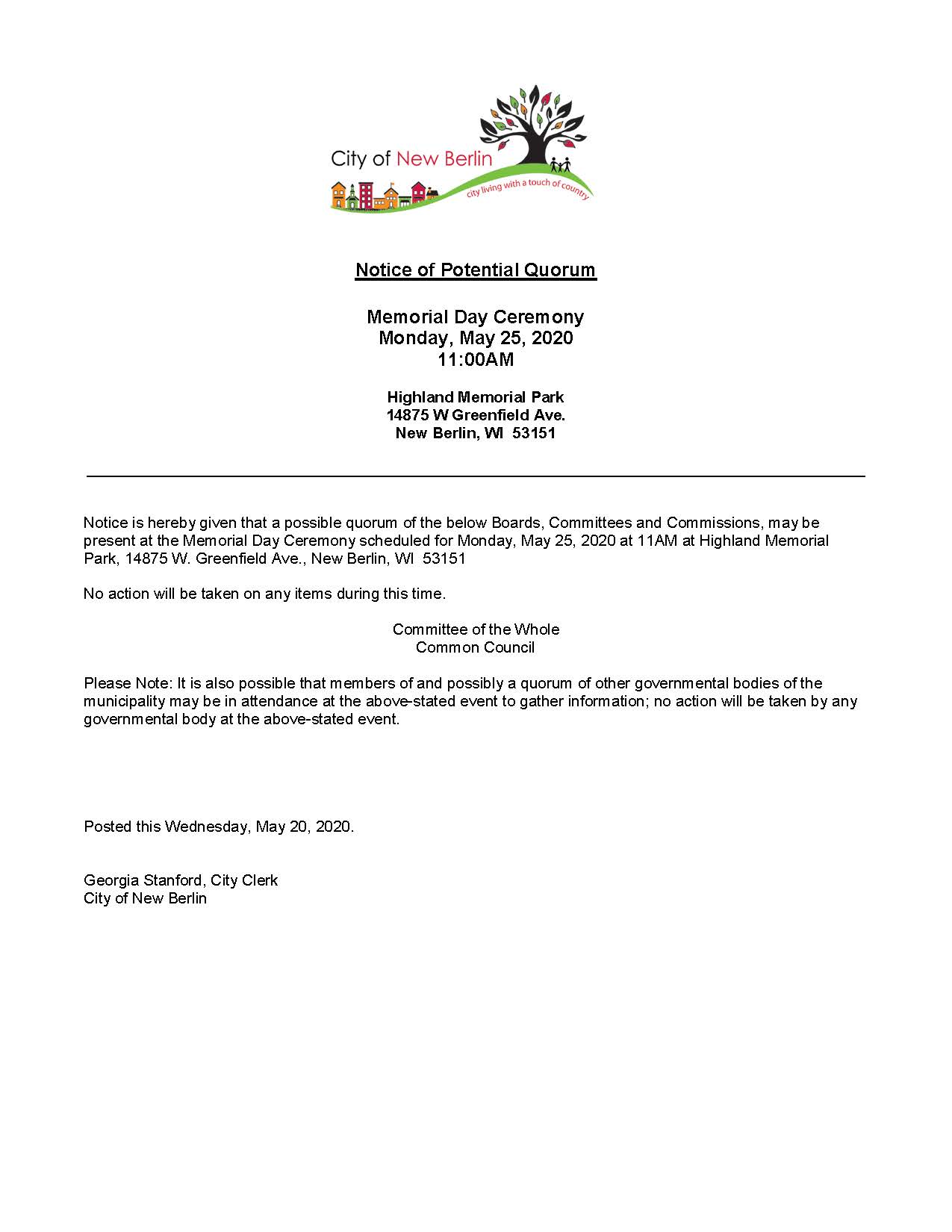 Potential Quorum Notice - Memorial Day Ceremony