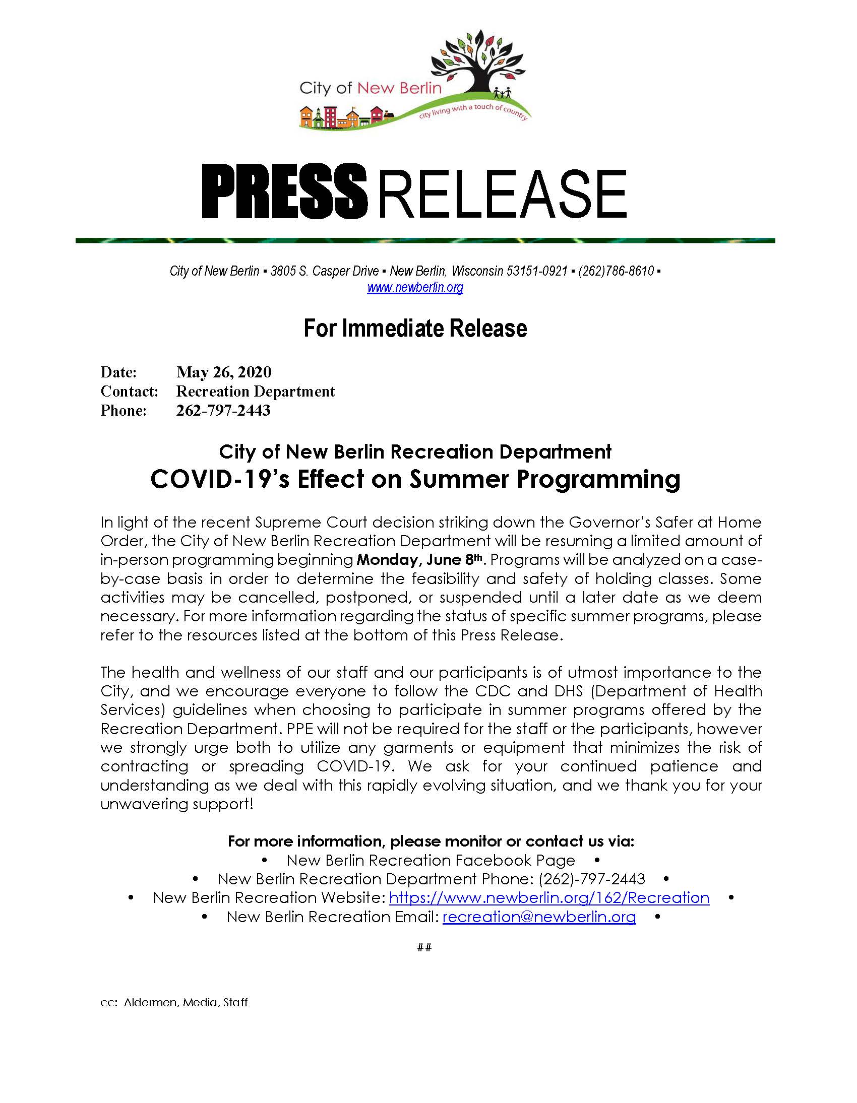 Press Release - Summer Programming