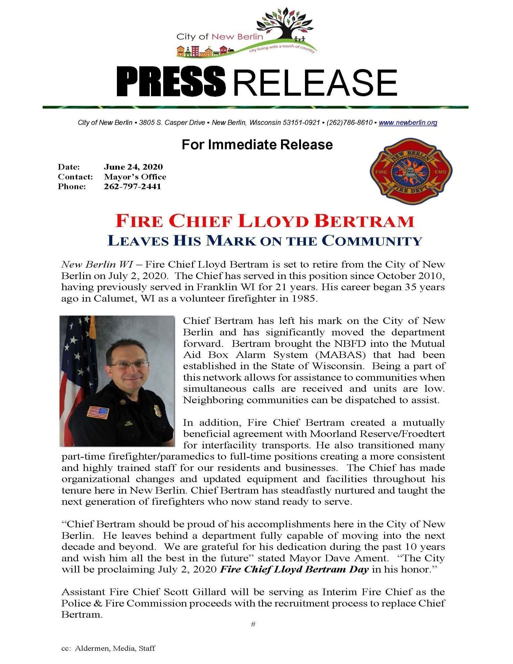 Press Release - Fire Chief Bertram Retirement