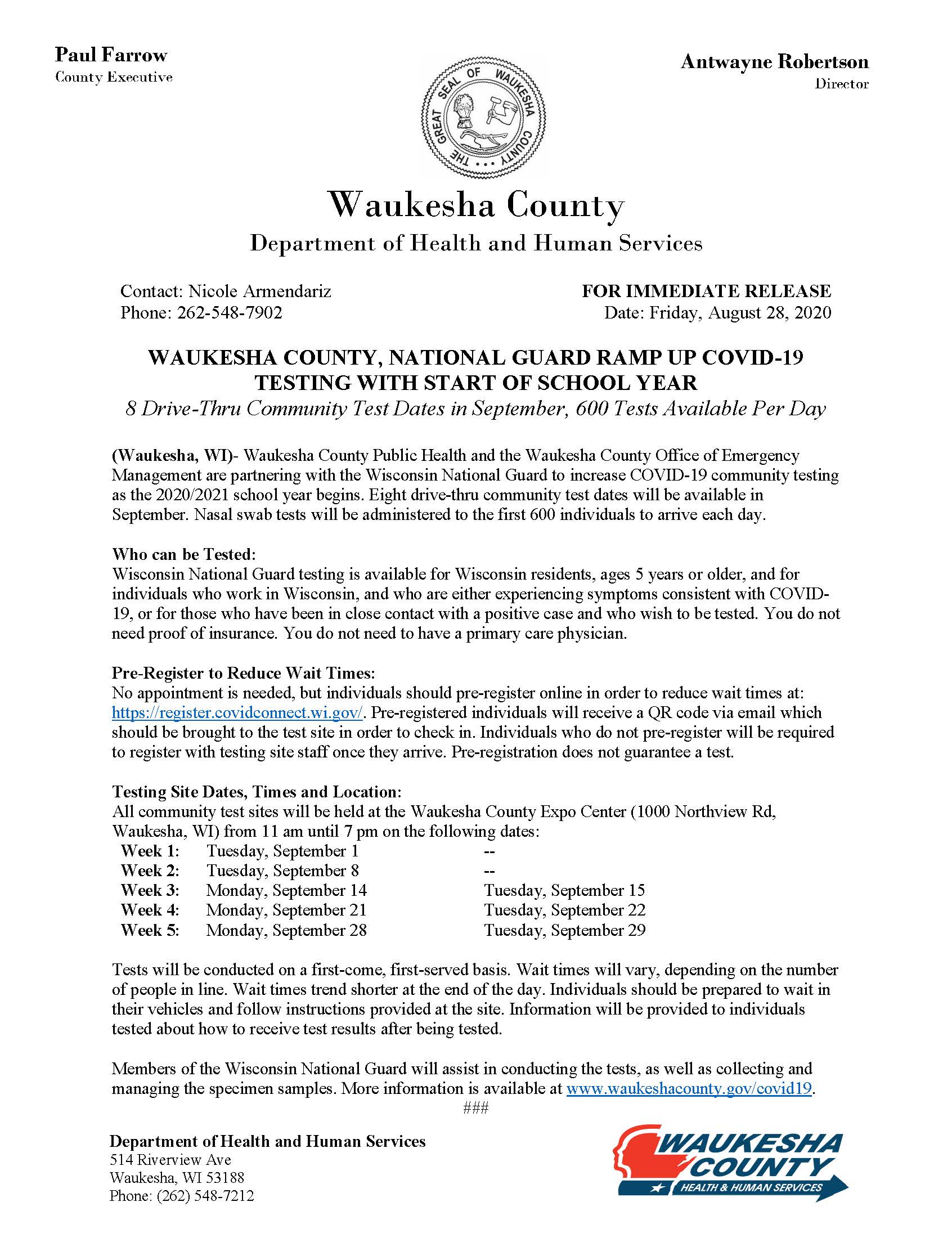 Waukesha County September COVID Test Dates News Release