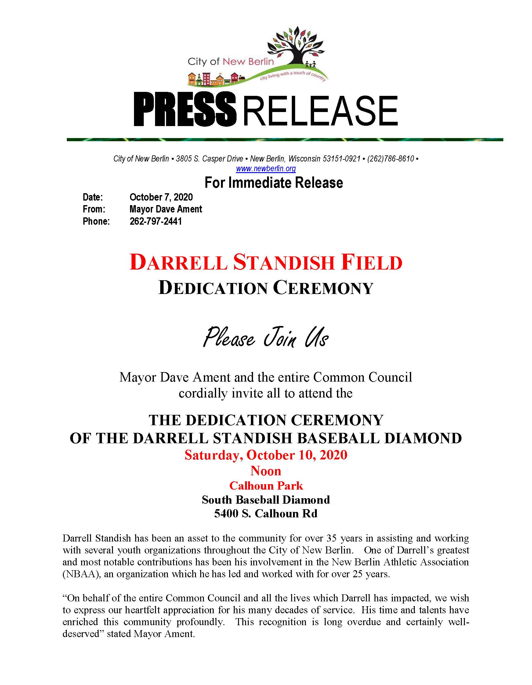 Press Release - Darrell Standish Dedication