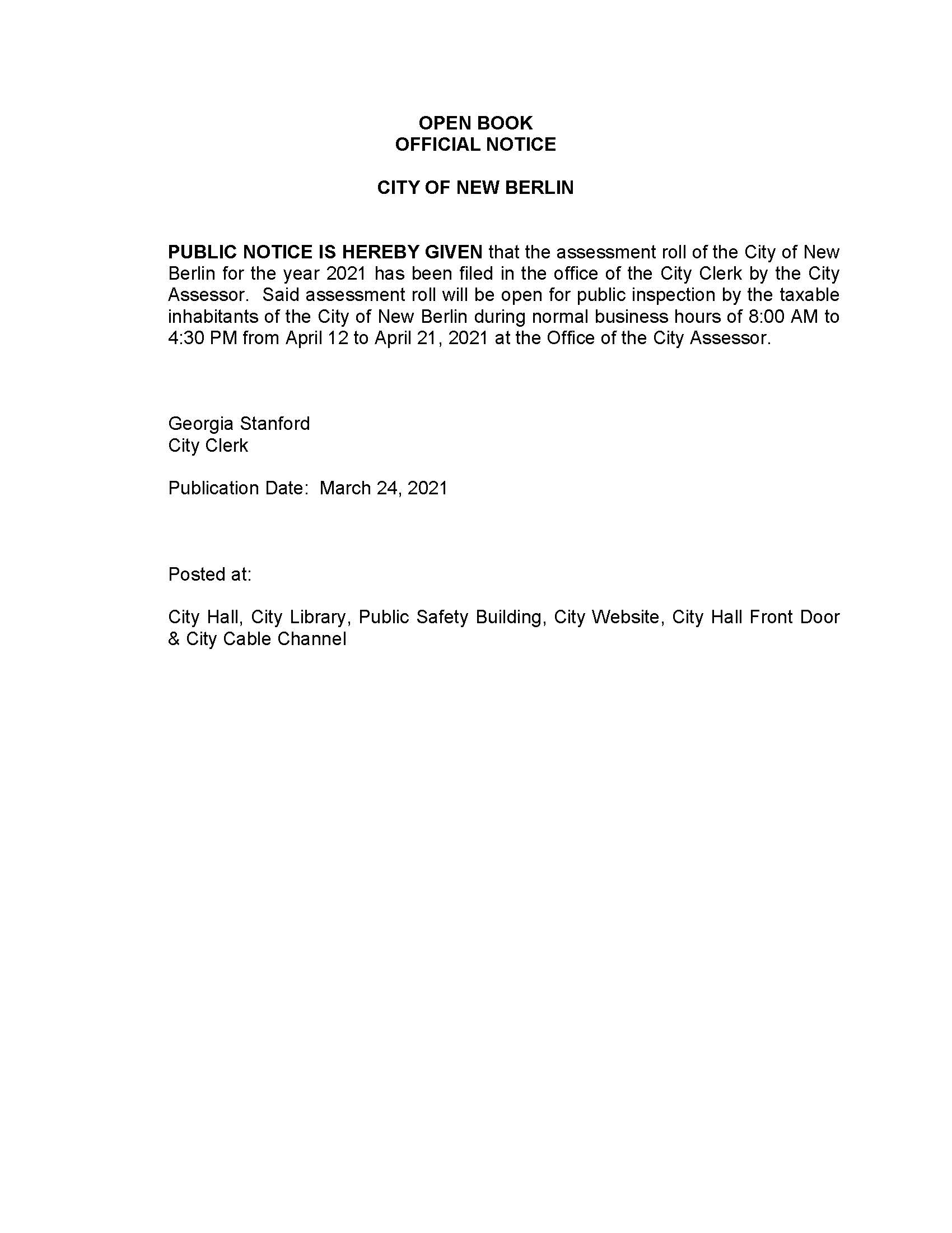 Official Notice of Open Book 2021