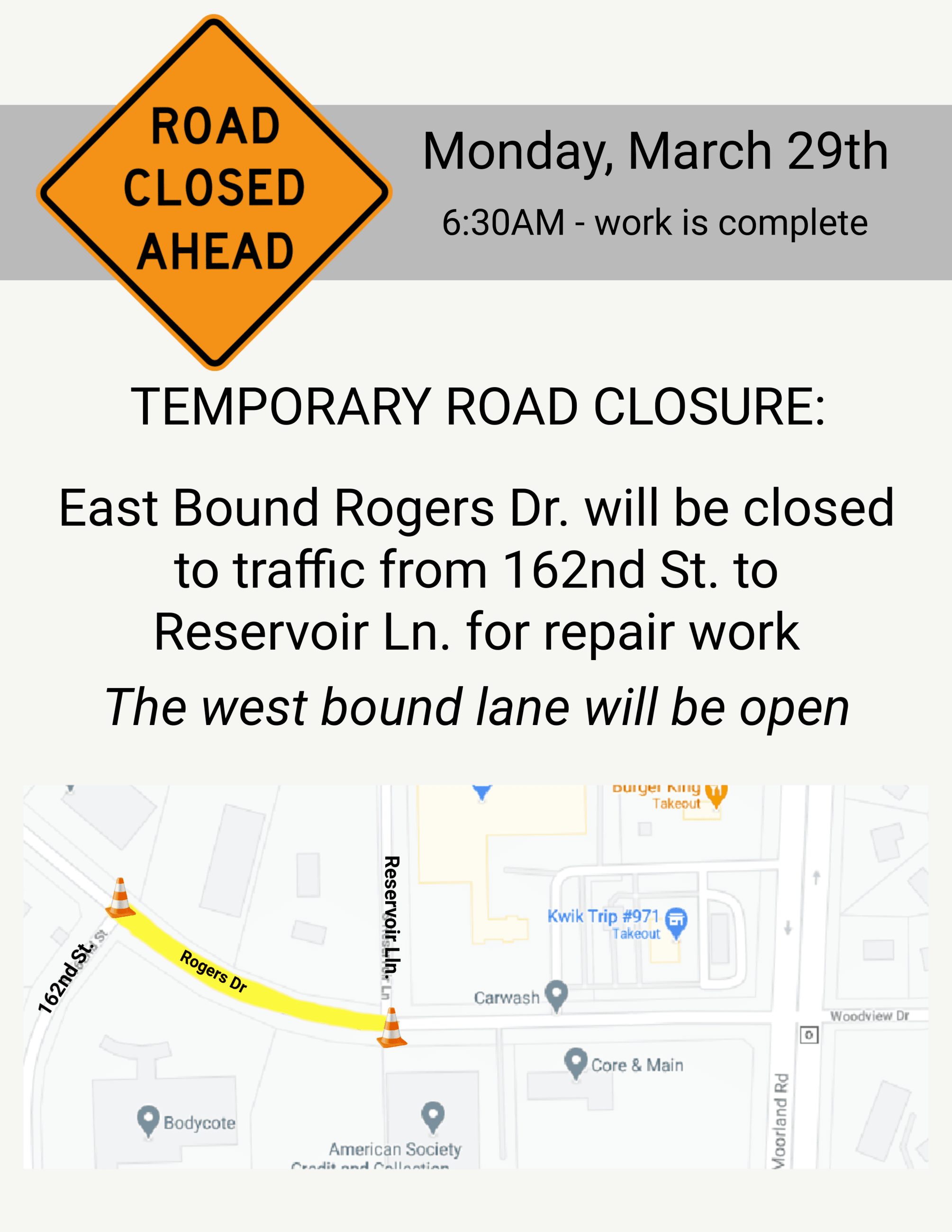 Road Closed March 29