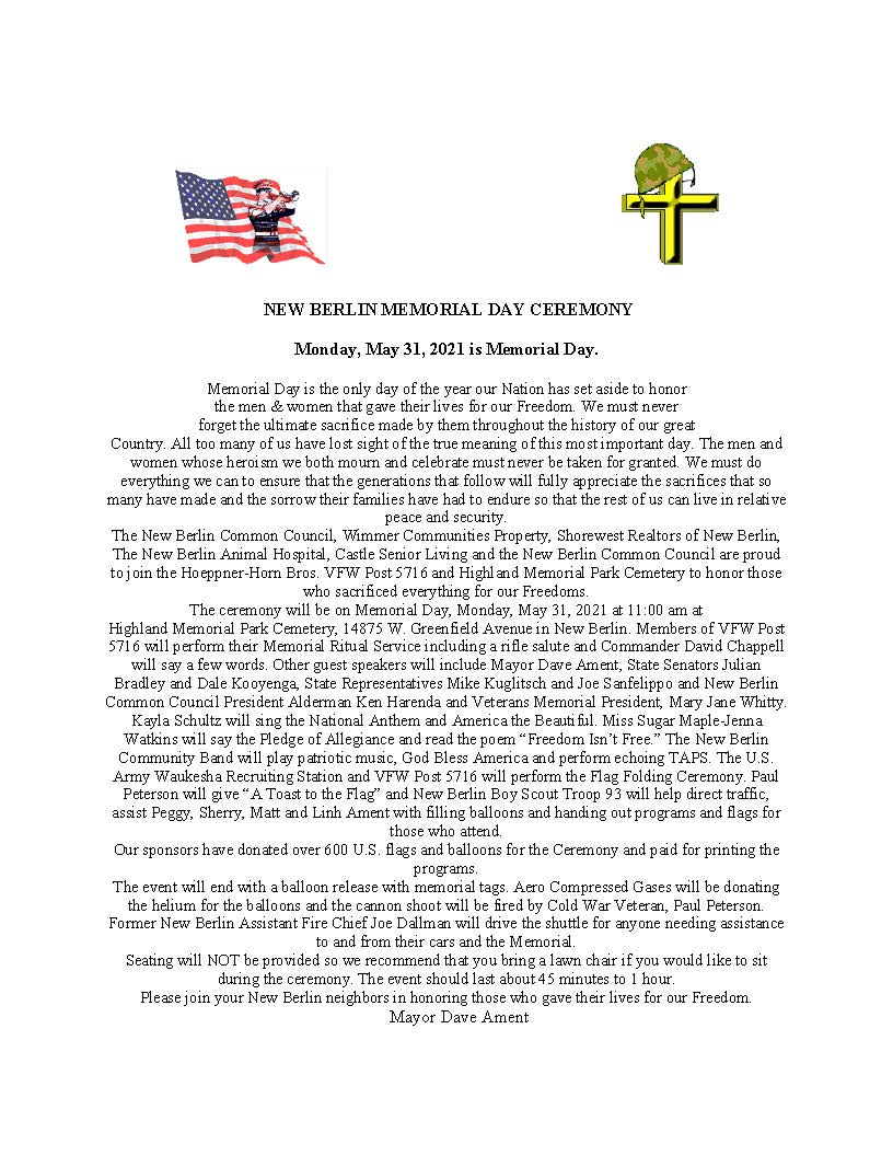 2021 NEW BERLIN MEMORIAL DAY CEREMONY Announcement