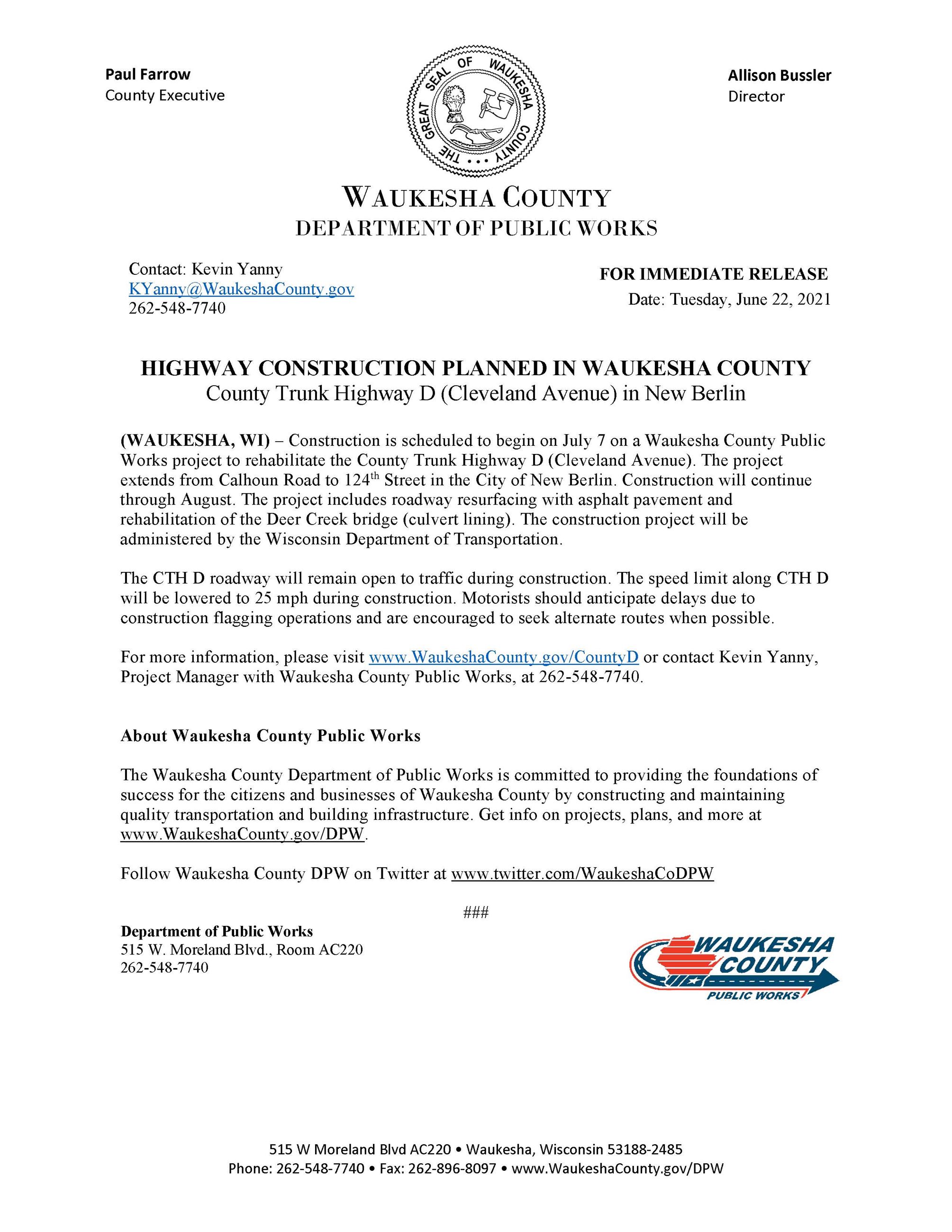 CTH D - Calhoun to 124th St Construction news release June 22 2021