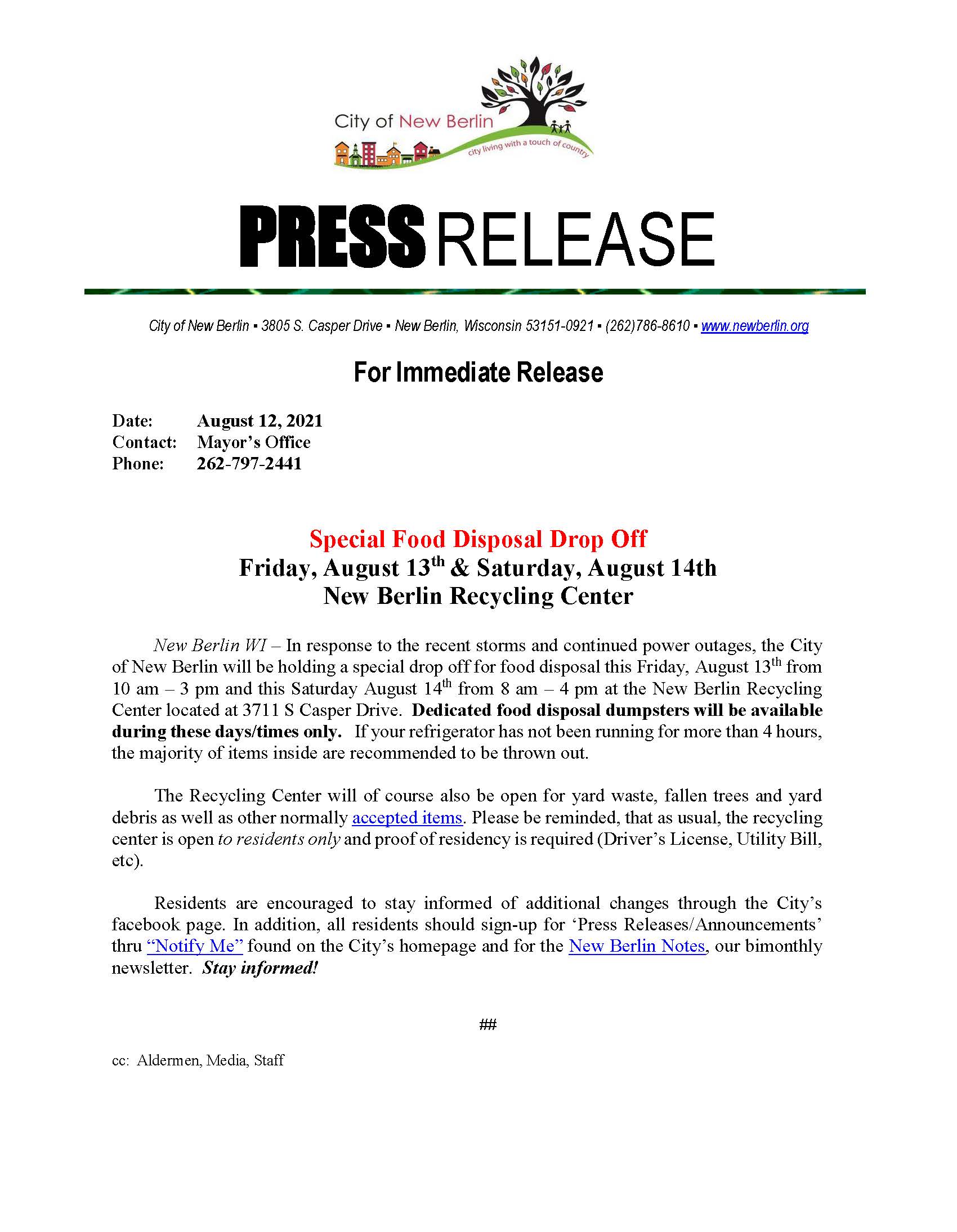 Press Release - Special Food Disposal