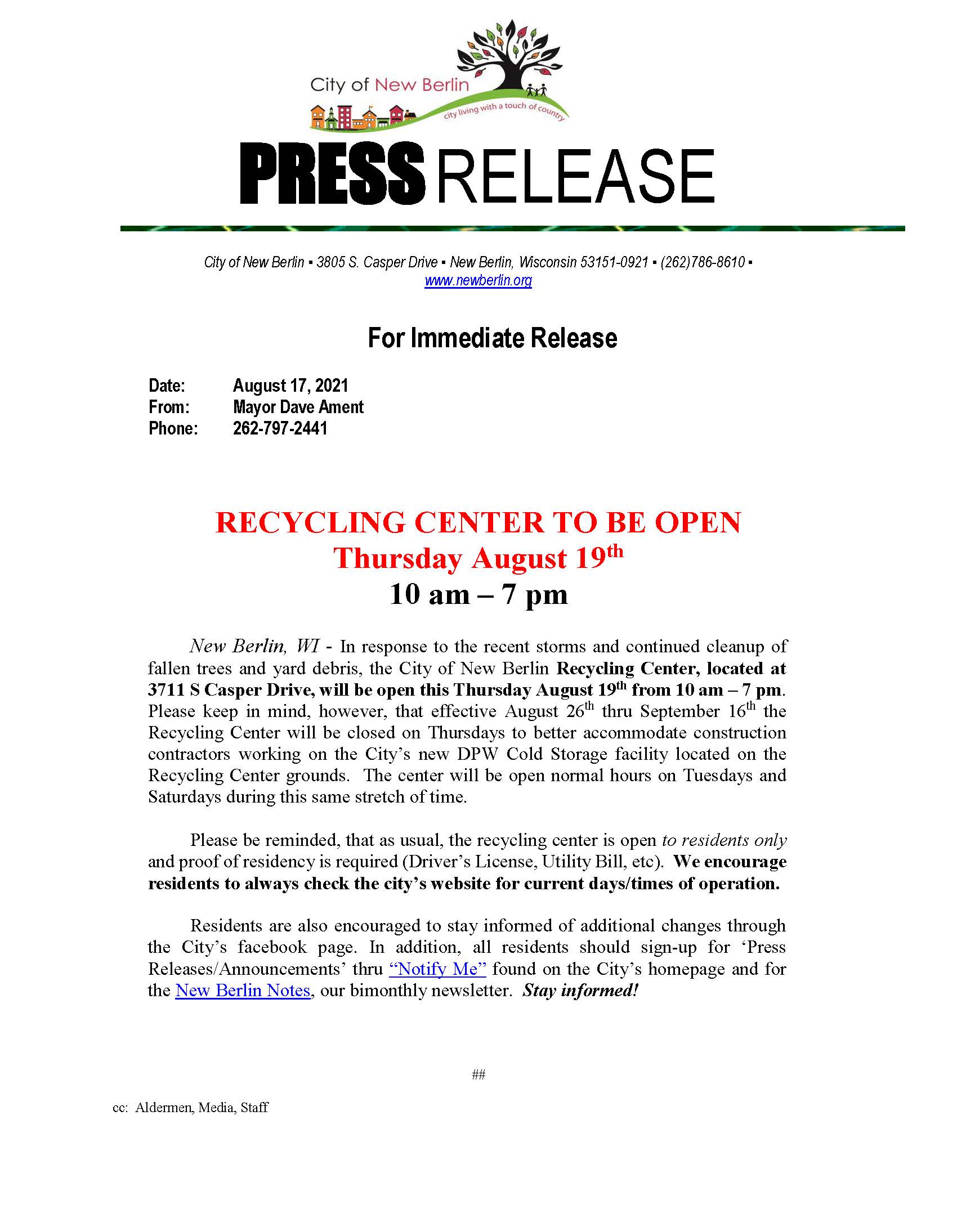 Press Release - Recycling Center Open 0817