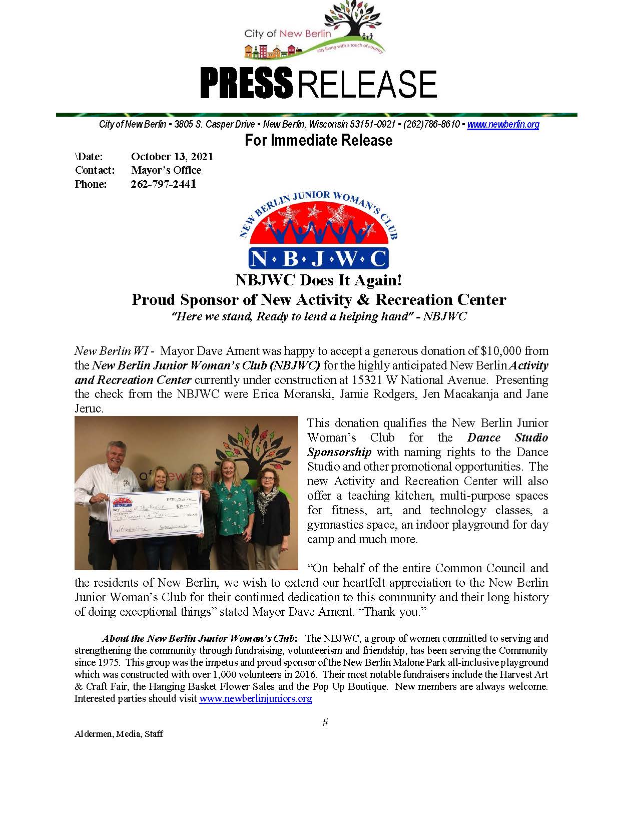 Press Release - NBJWC Donation