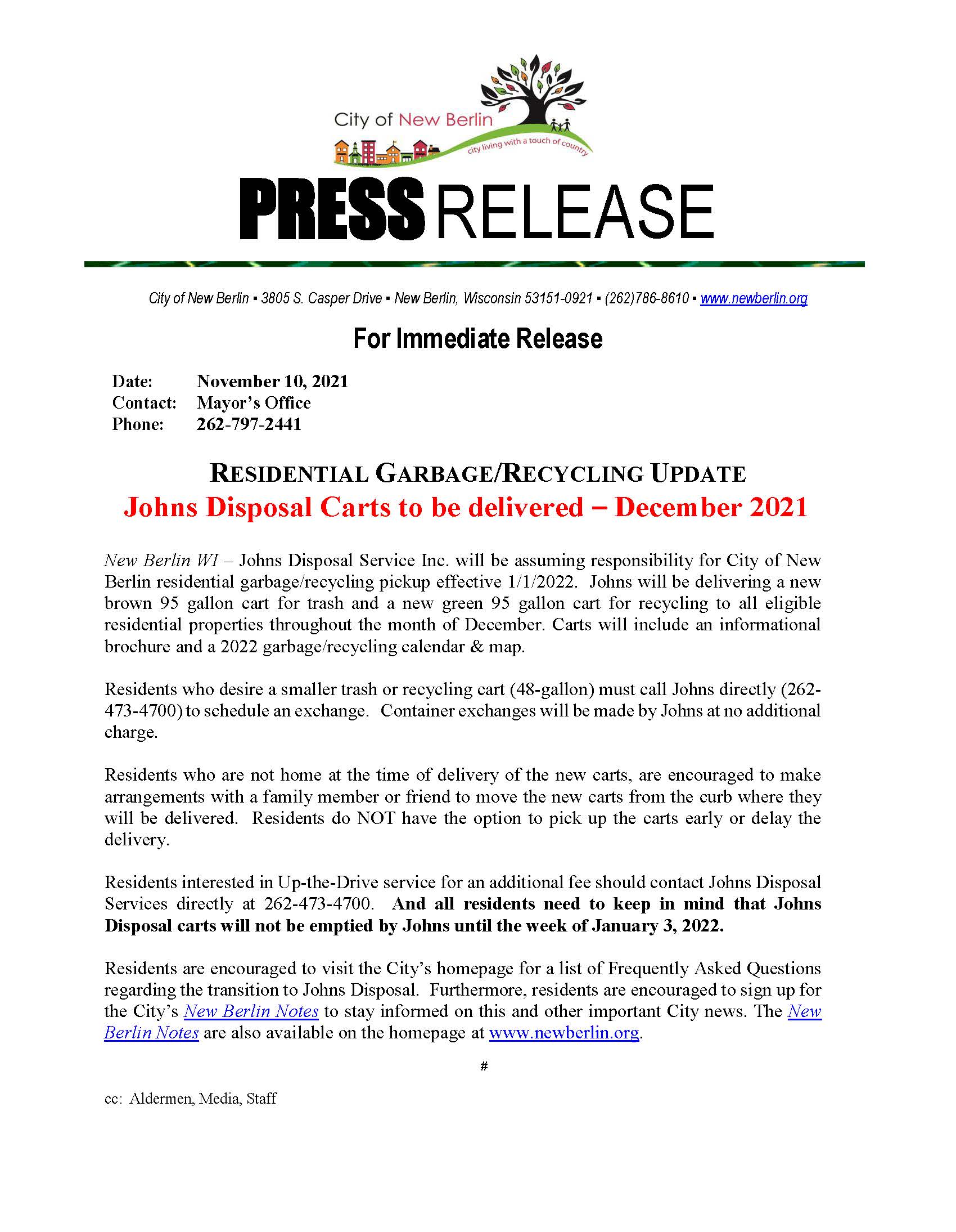 Press Release - Garbage Transition Update
