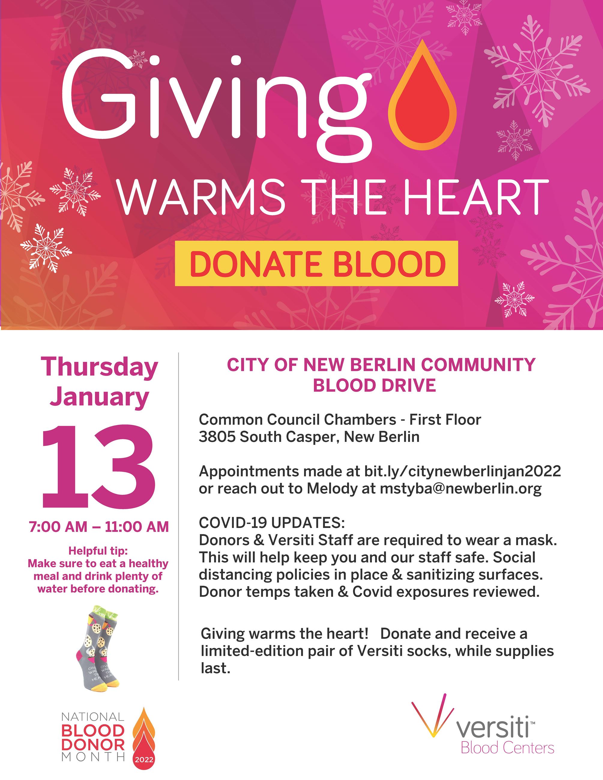 City of New Berlin January 2022 Blood Drive flyer with socks give-away promo