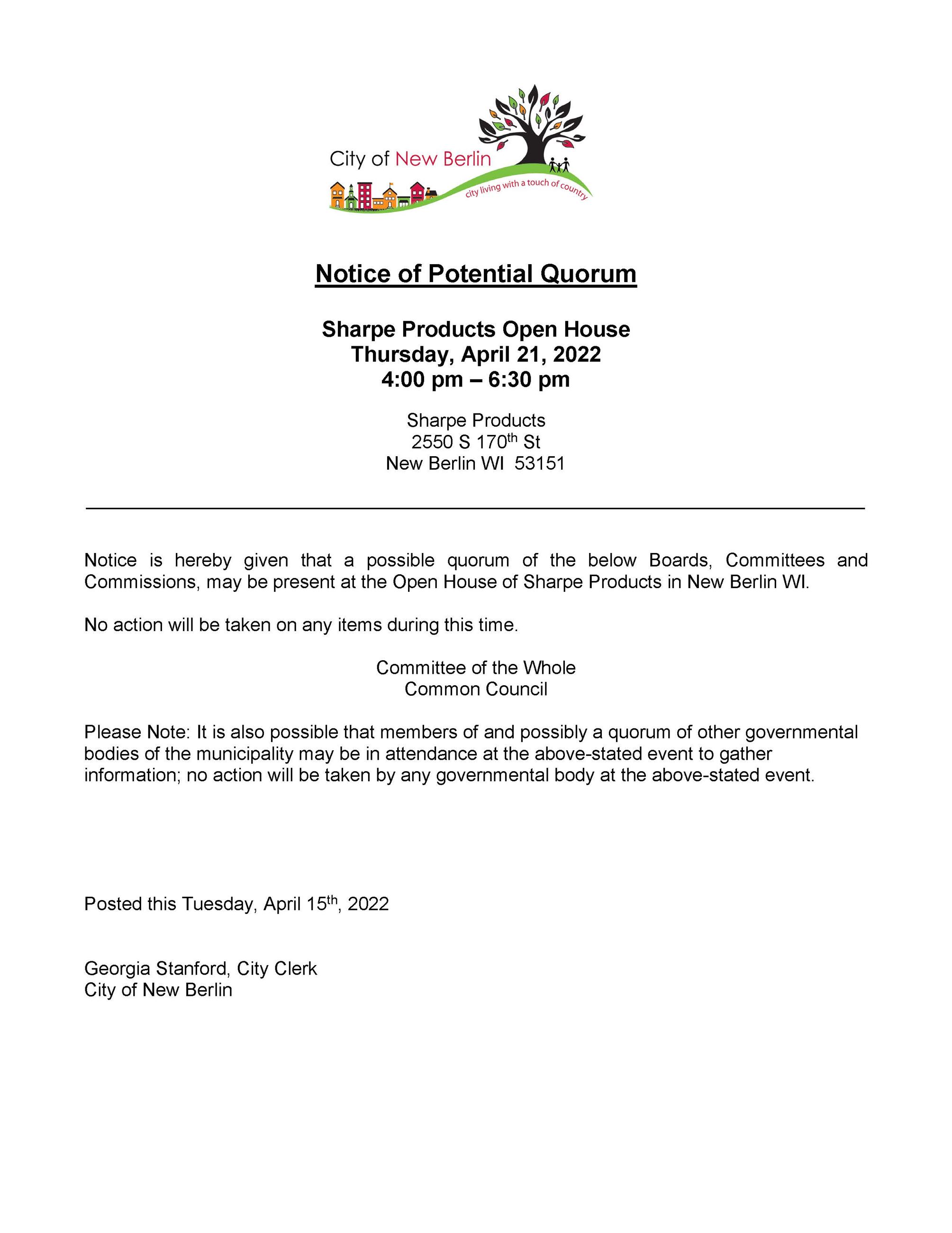 Potential Quorum Notice - Sharpe Products Open House 4.21.22