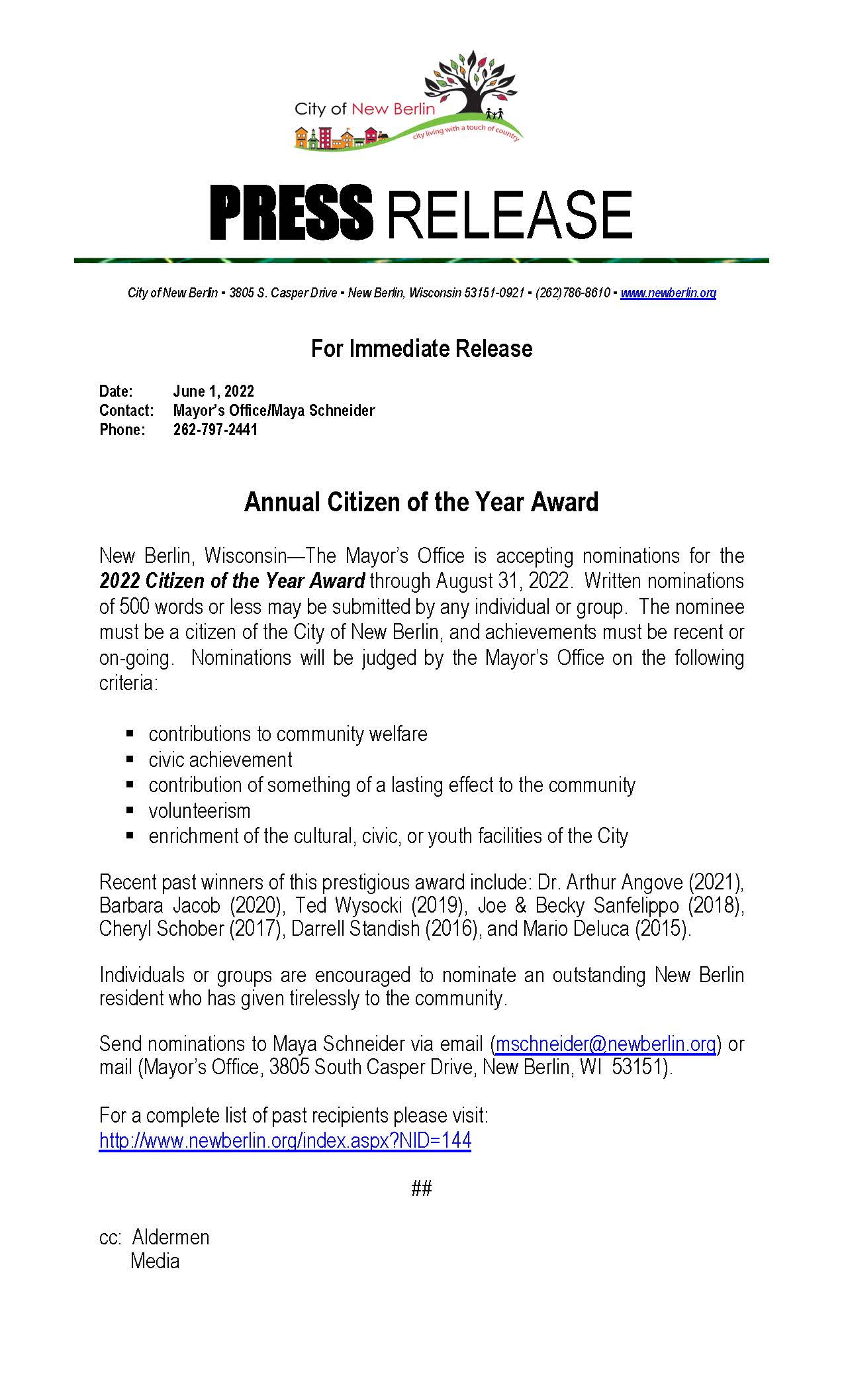 Press Release - seeking nominations 
