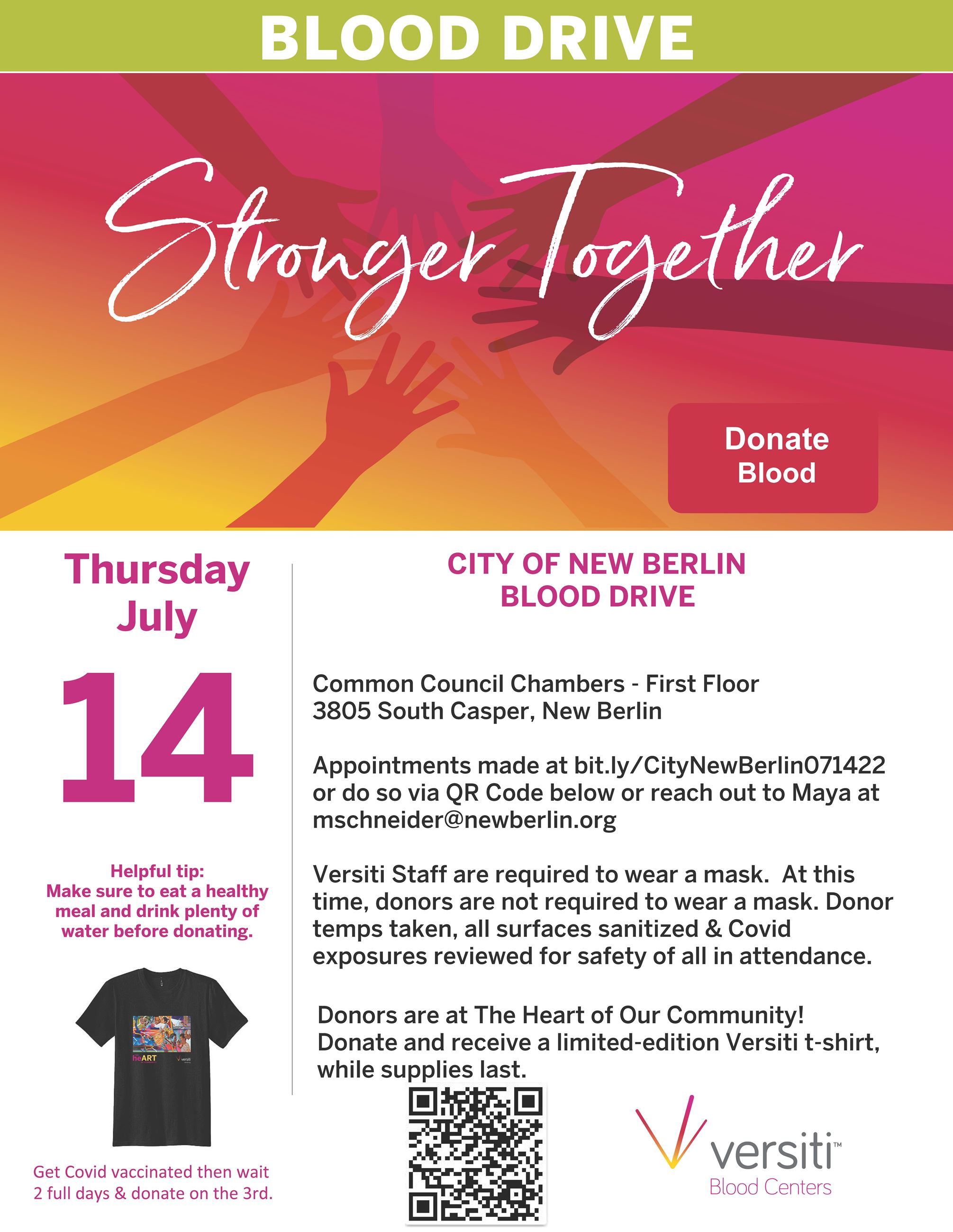 City of New Berlin July 2022 Blood Drive promo flyer