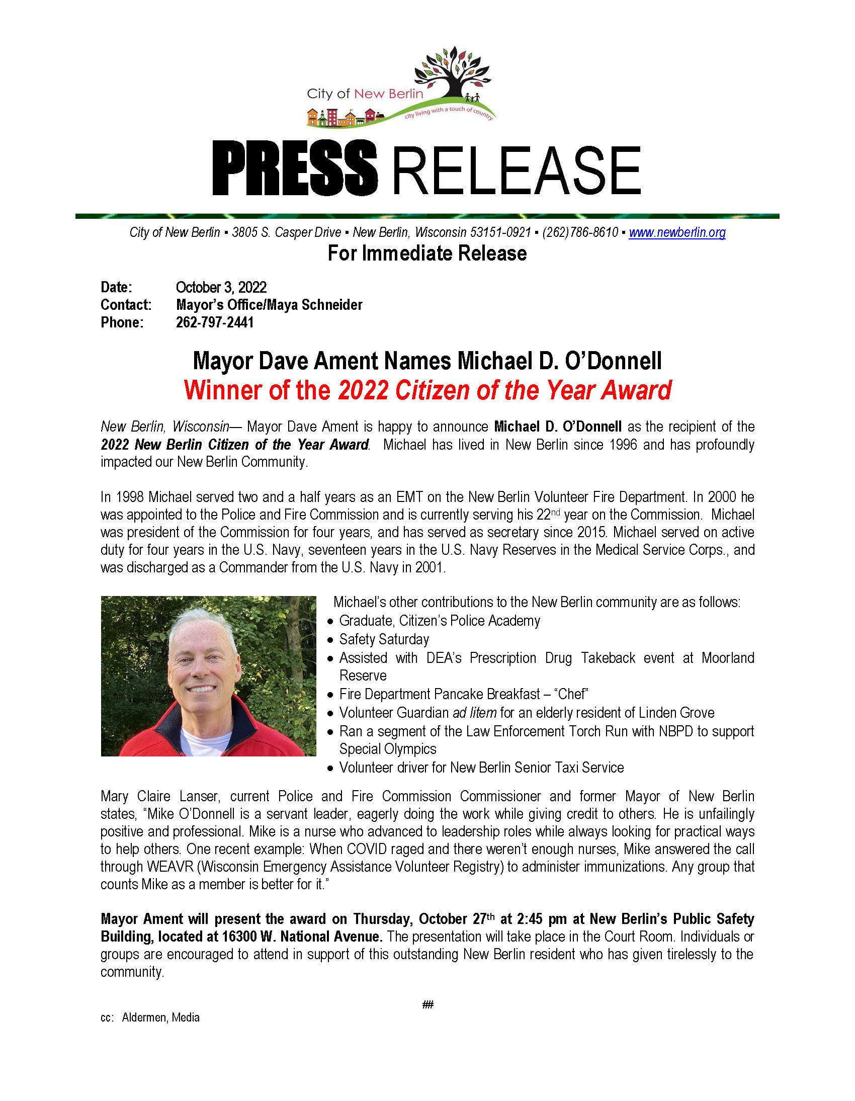 Press Release - 2022 Citizen of the Year Award Winner