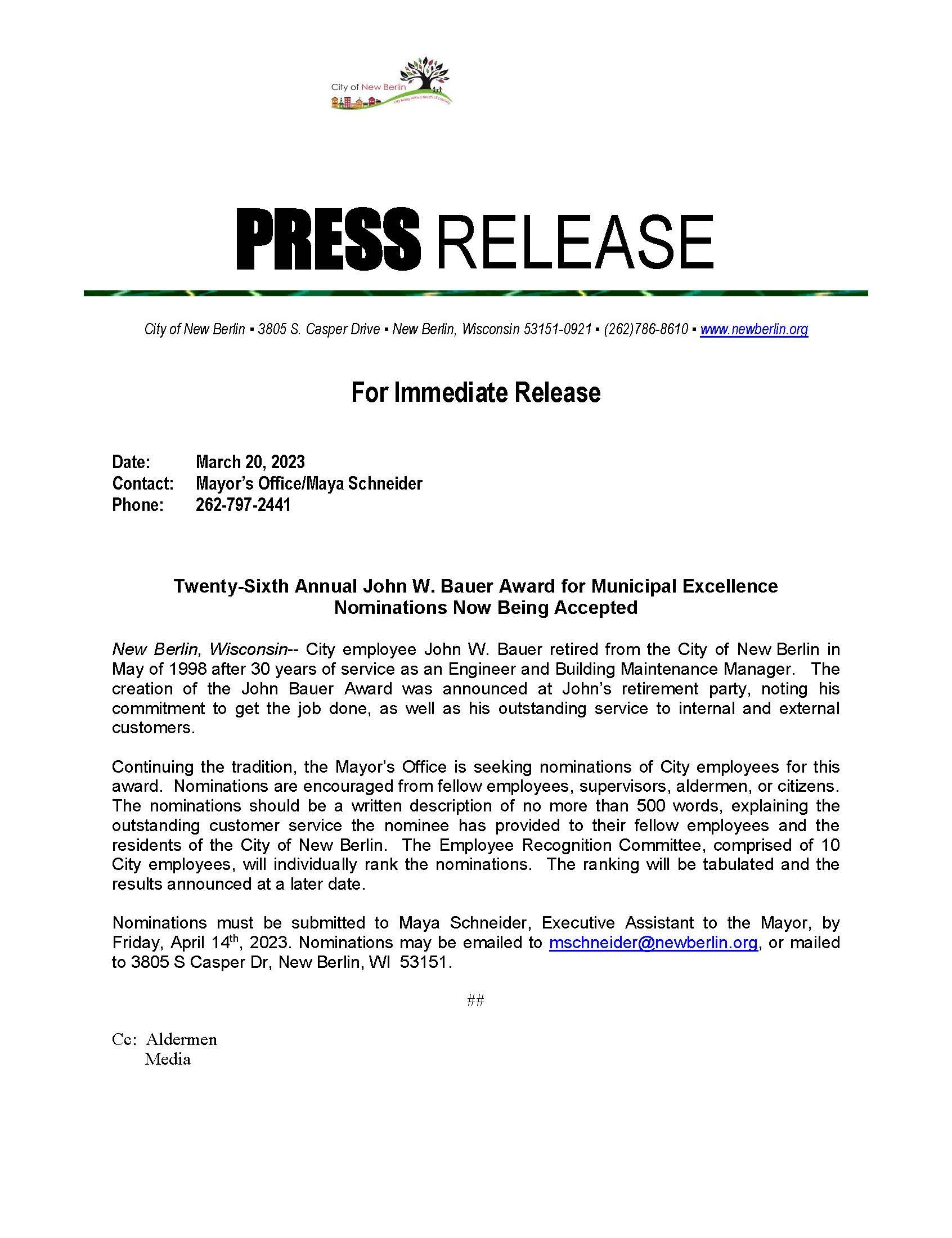 2023 Press Release Seeking Nominations - John Bauer