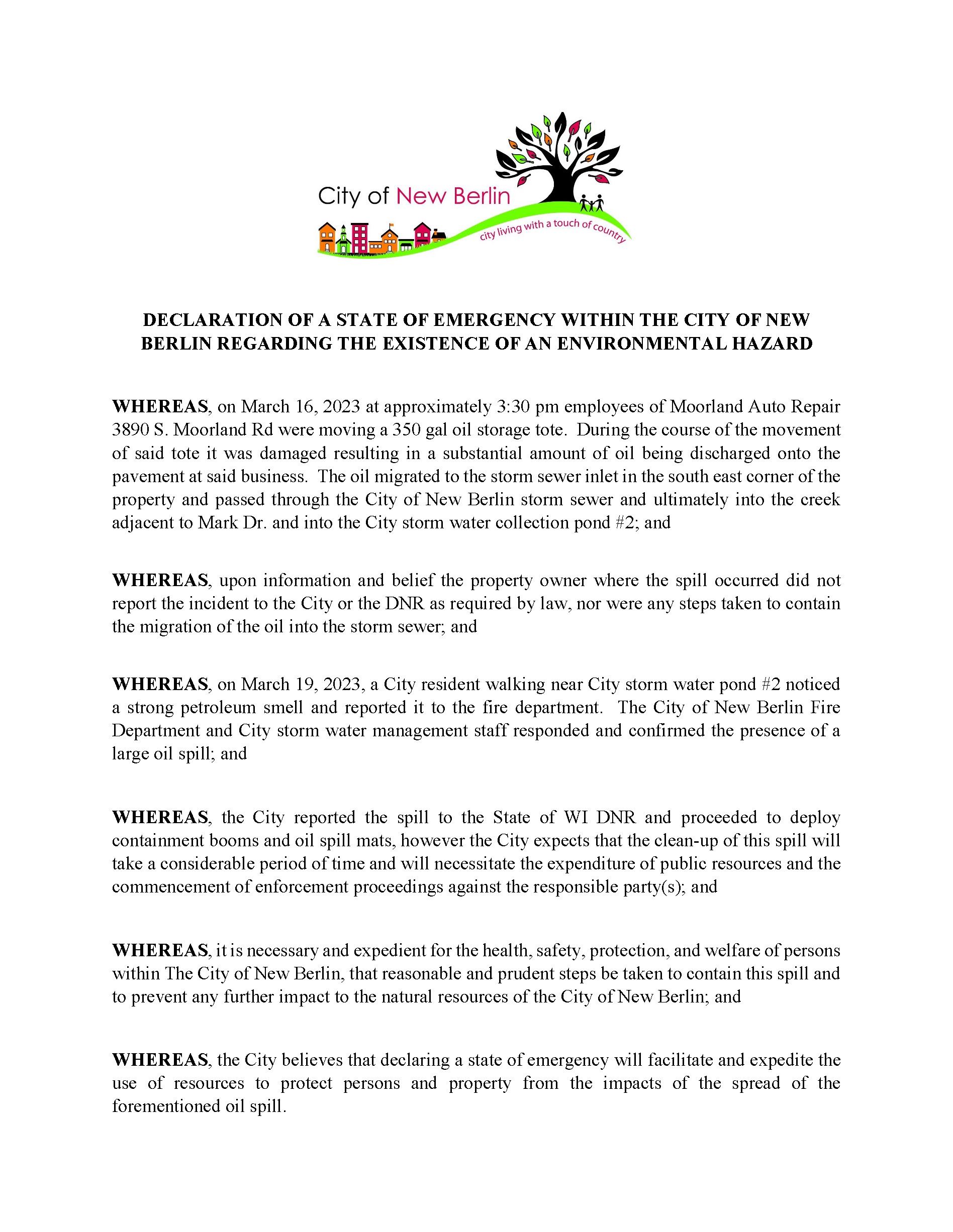 DECLARATION OF A STATE OF EMERGENCY WITHIN THE CITY OF NEW BERLIN REGARDING THE EXISTENCE OF AN ENVI