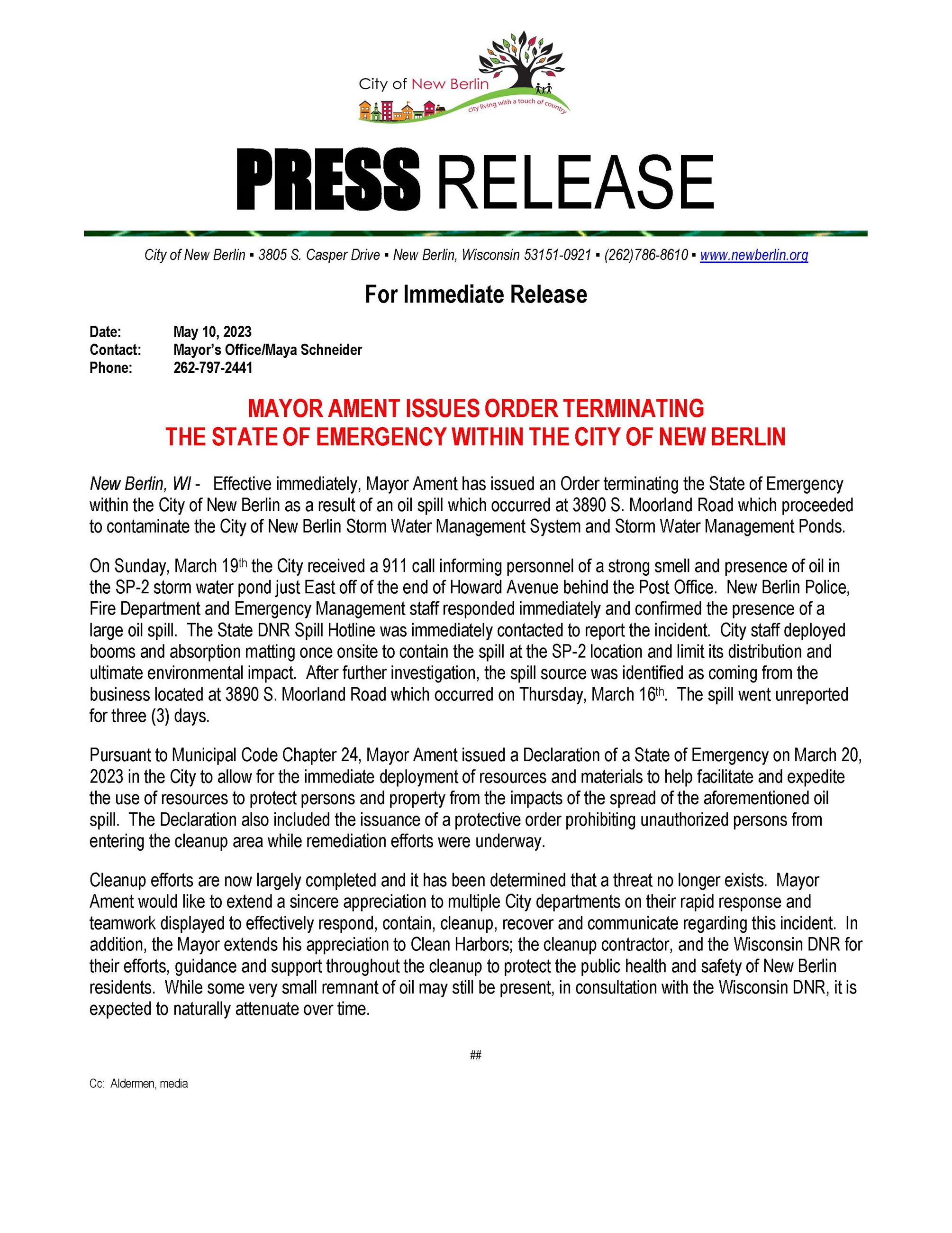New Berlin Press Release_Order Terminating State of Emergency