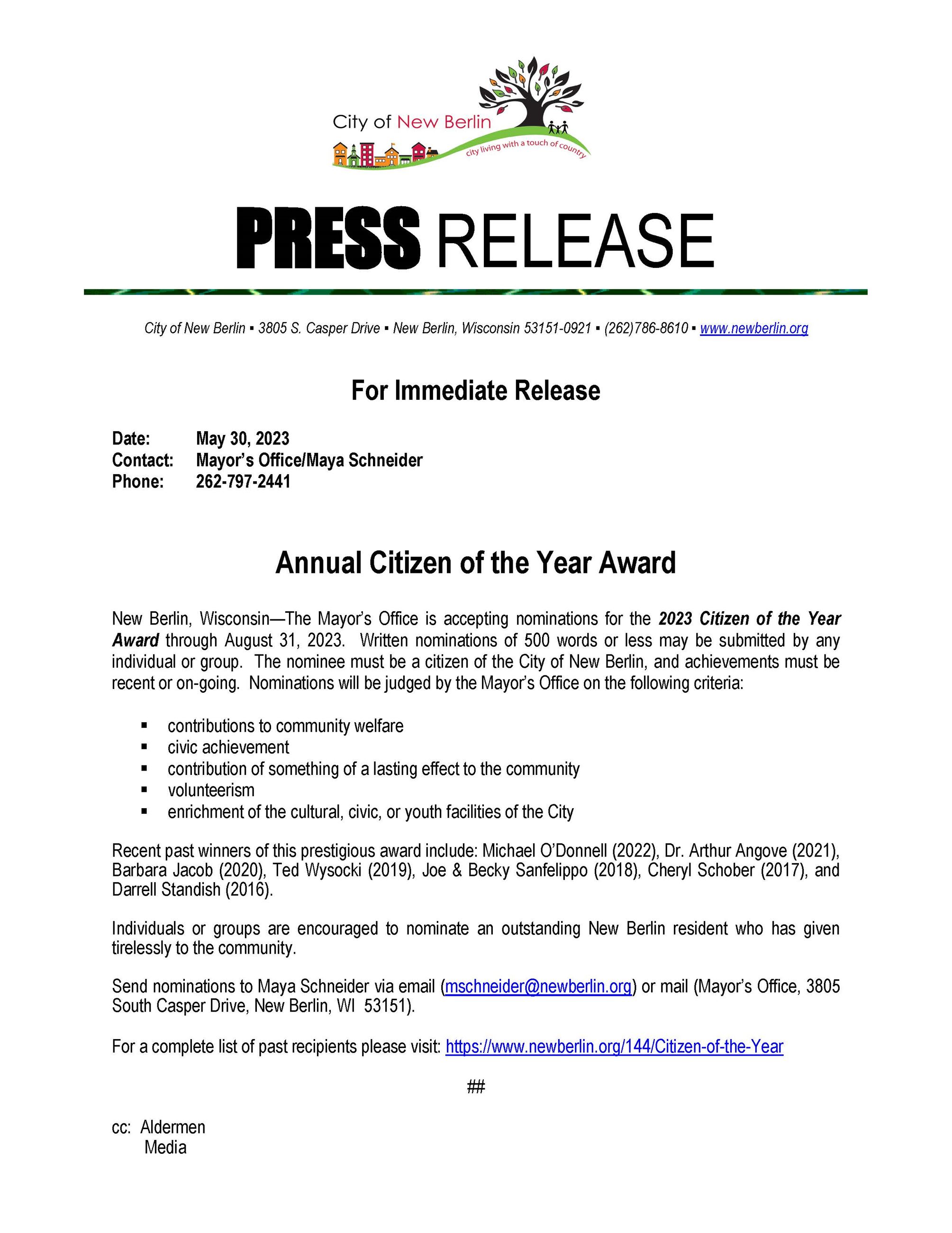 2023 Press Release Seeking Nominations - Citizen of the Year