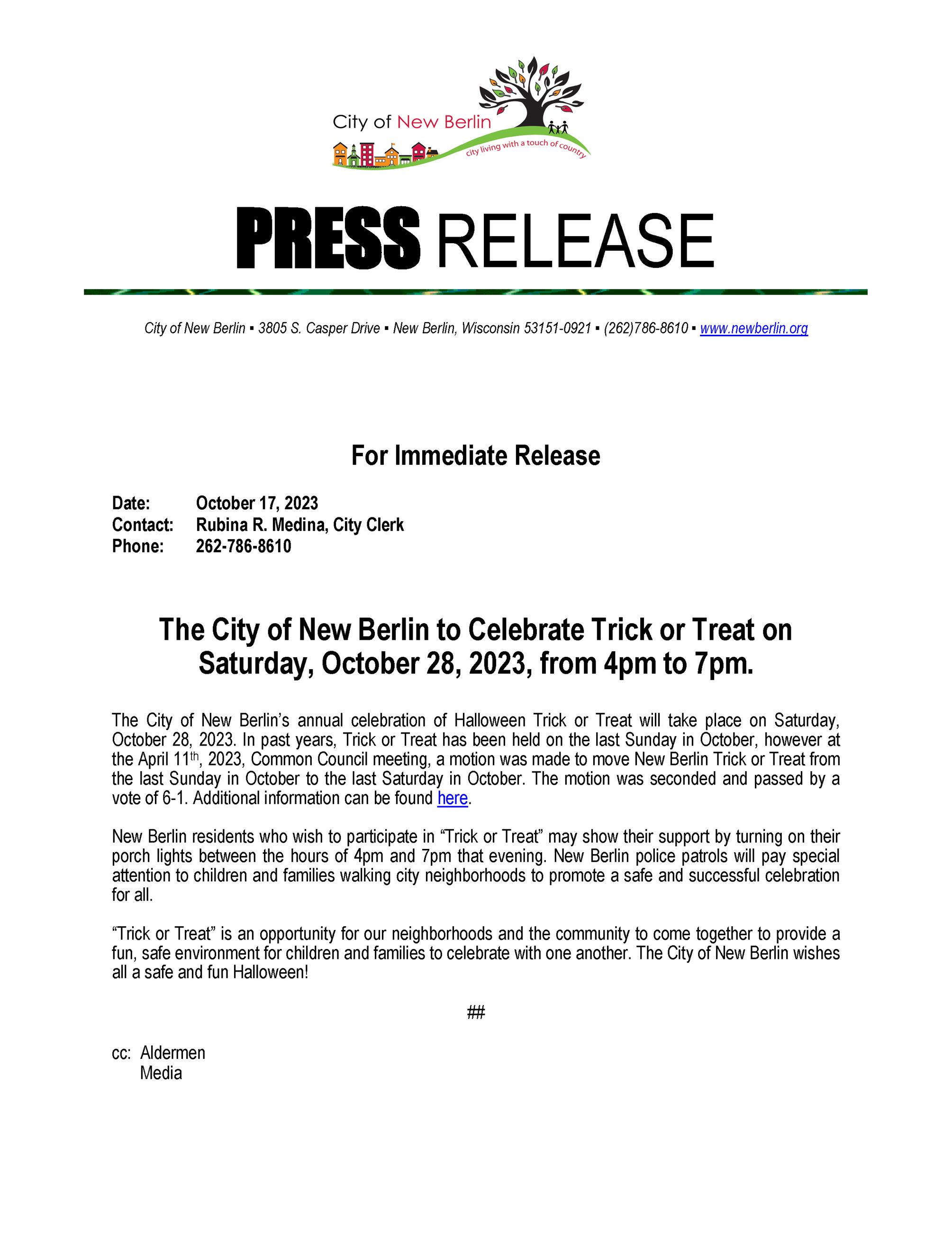 New Berlin 2023 Trick or Treat Press Release