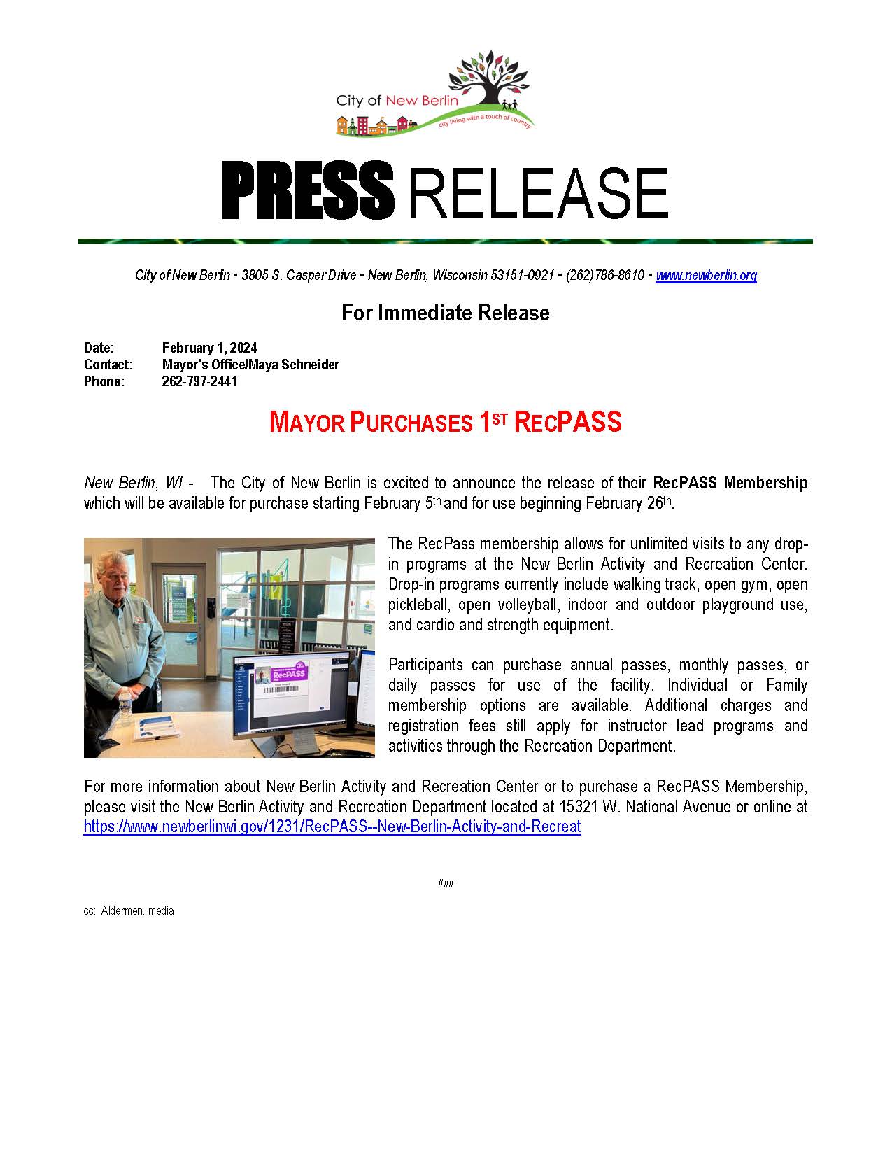 Press Release Mayor Buys First Rec Pass 2024