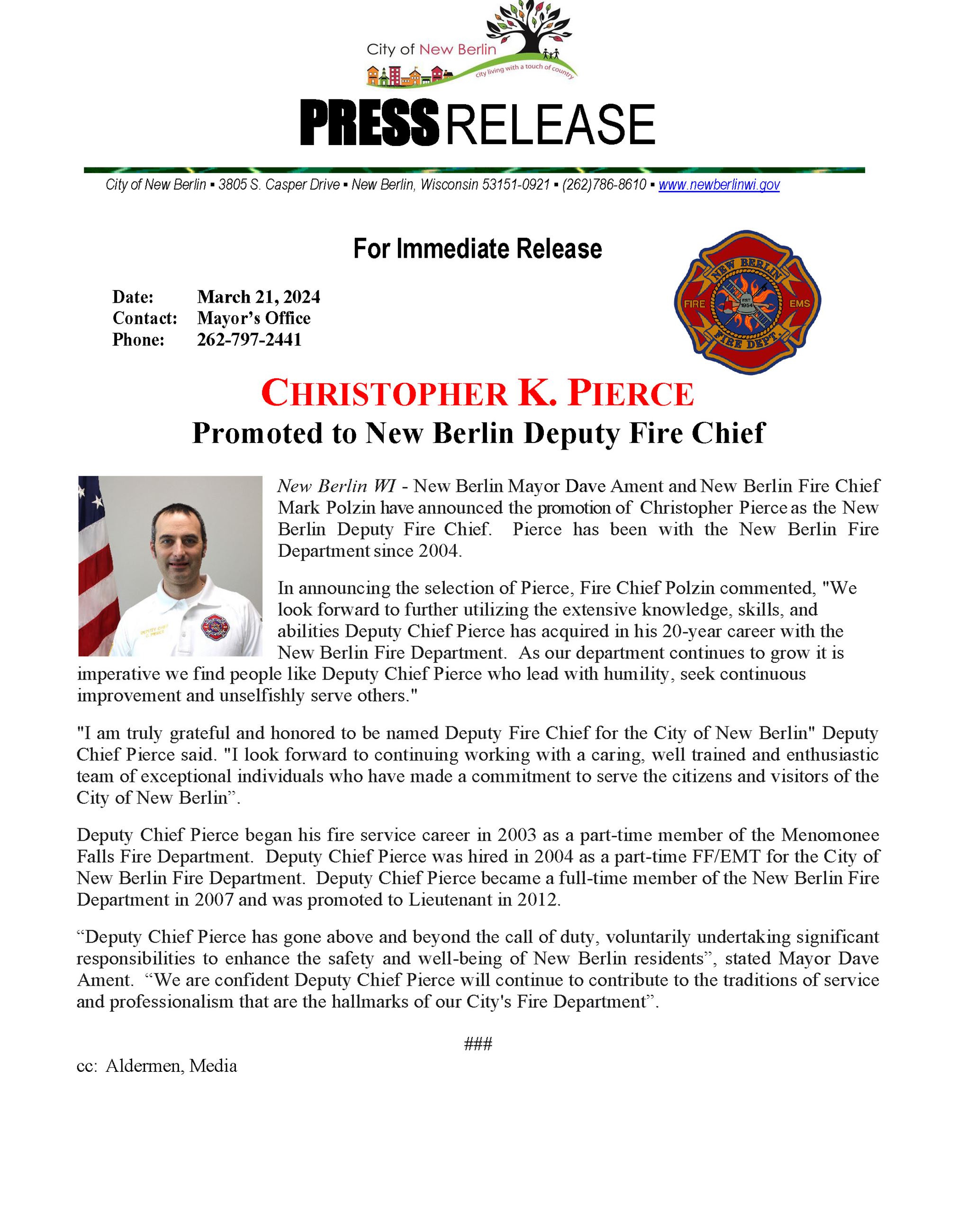 Press Release - Chris Peirce Promoted to New Berlin Deputy Fire Chief