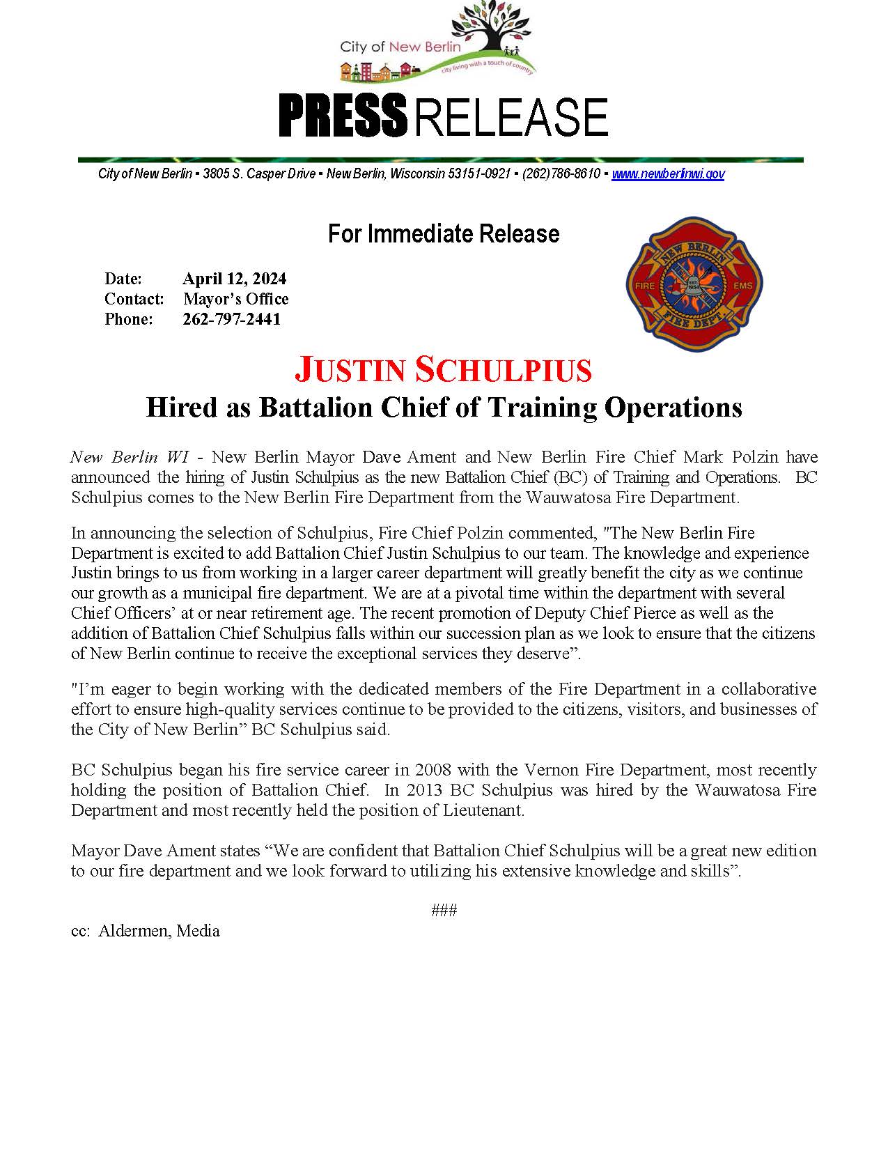 Press Release - Justin Schulpius - Battalion Cheif of Training Operations
