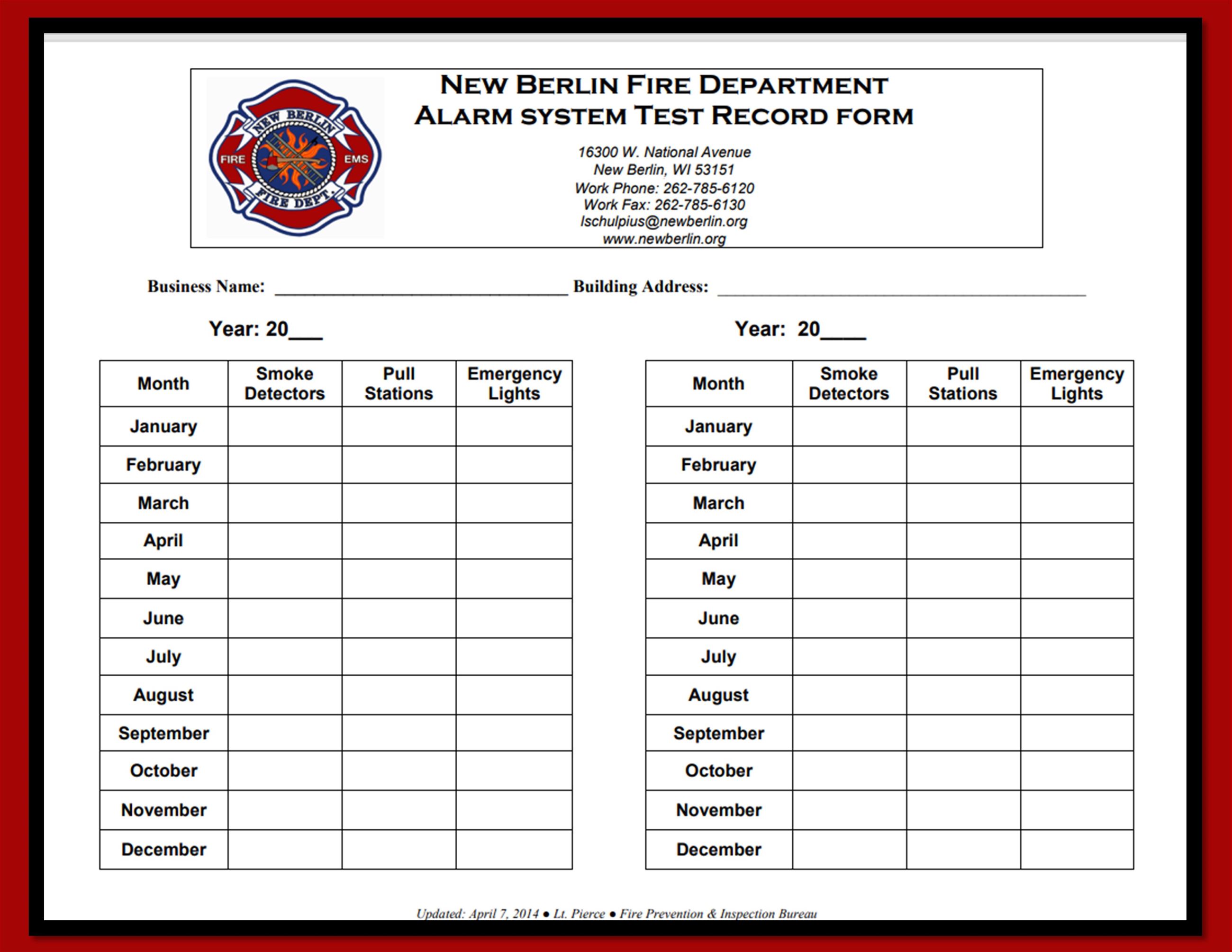 Alarm System Test Record