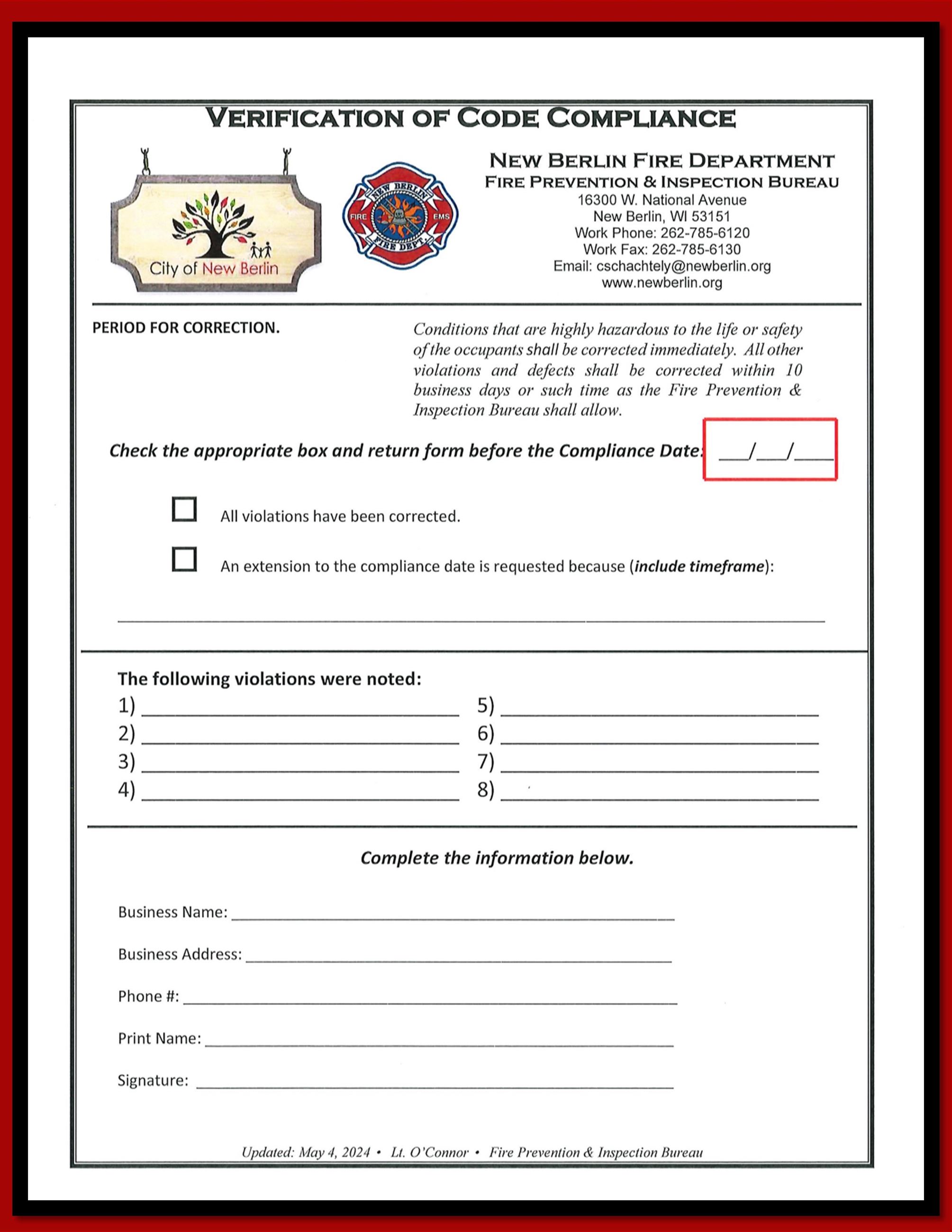 Verification of Code Compliance Form graphic button