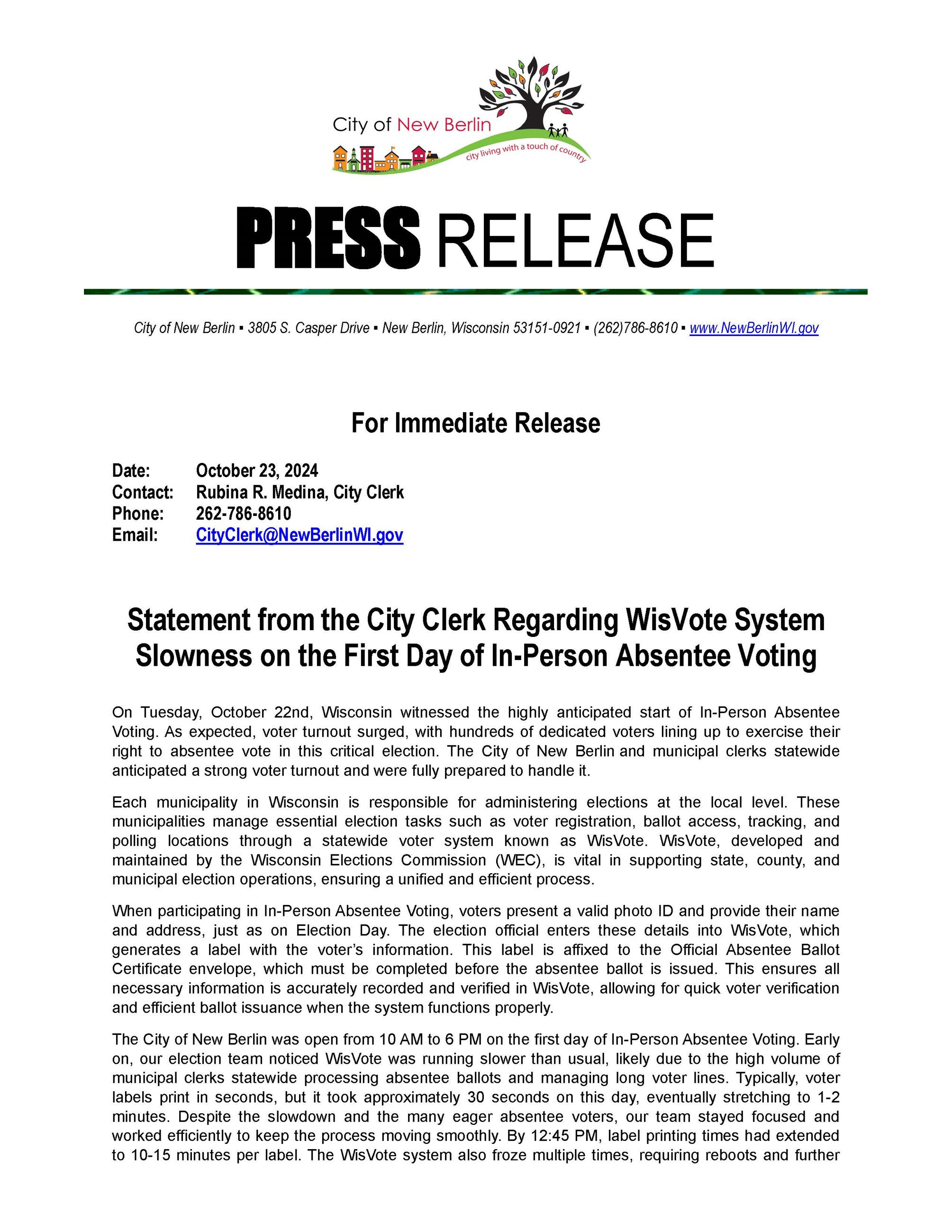 PRESS RELEASE_Statement from City Clerk re WisVote System Slowness on First Day of In Person Absente