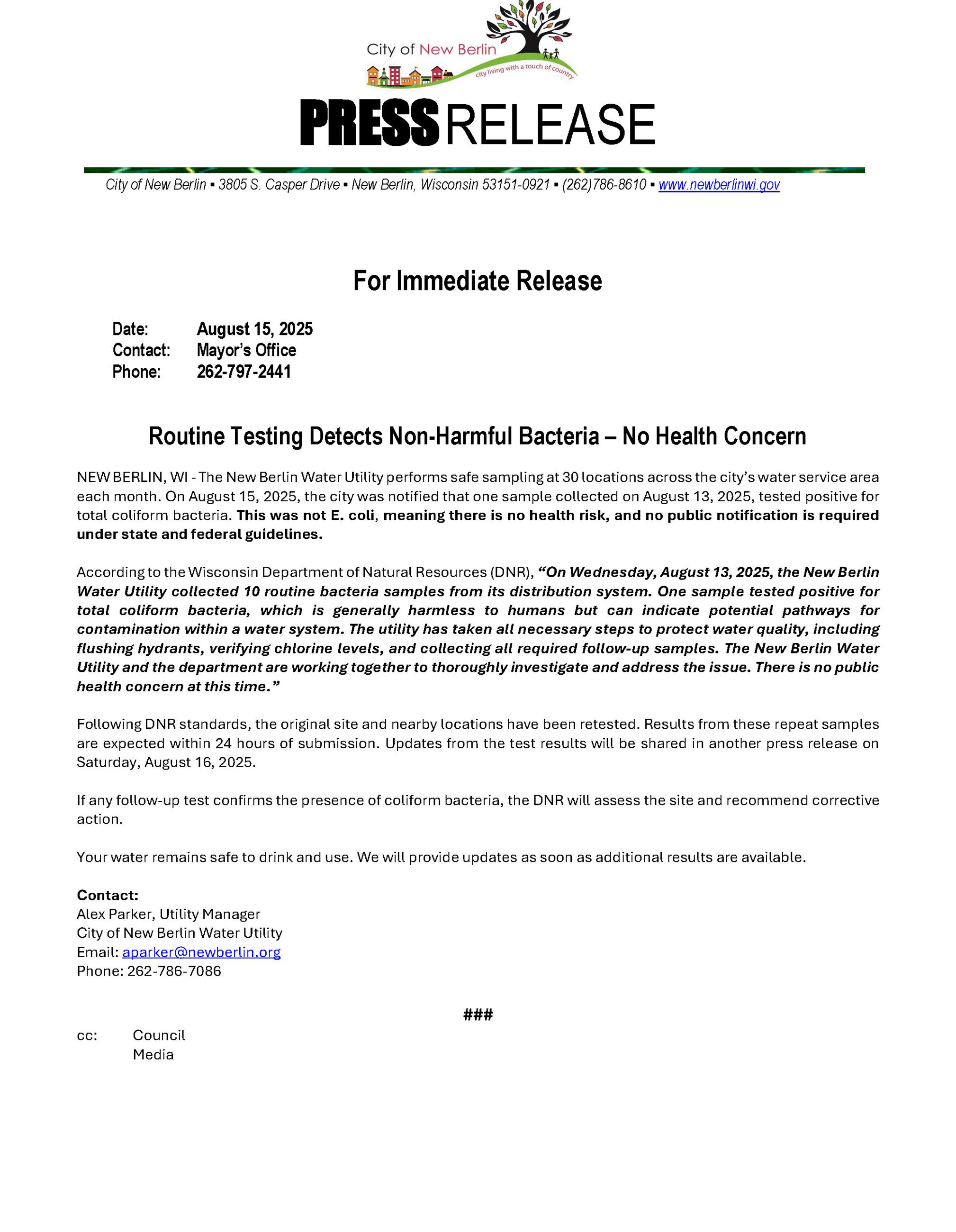Routine Testing Detects Non-Harmful Bacteria - No Health Concern