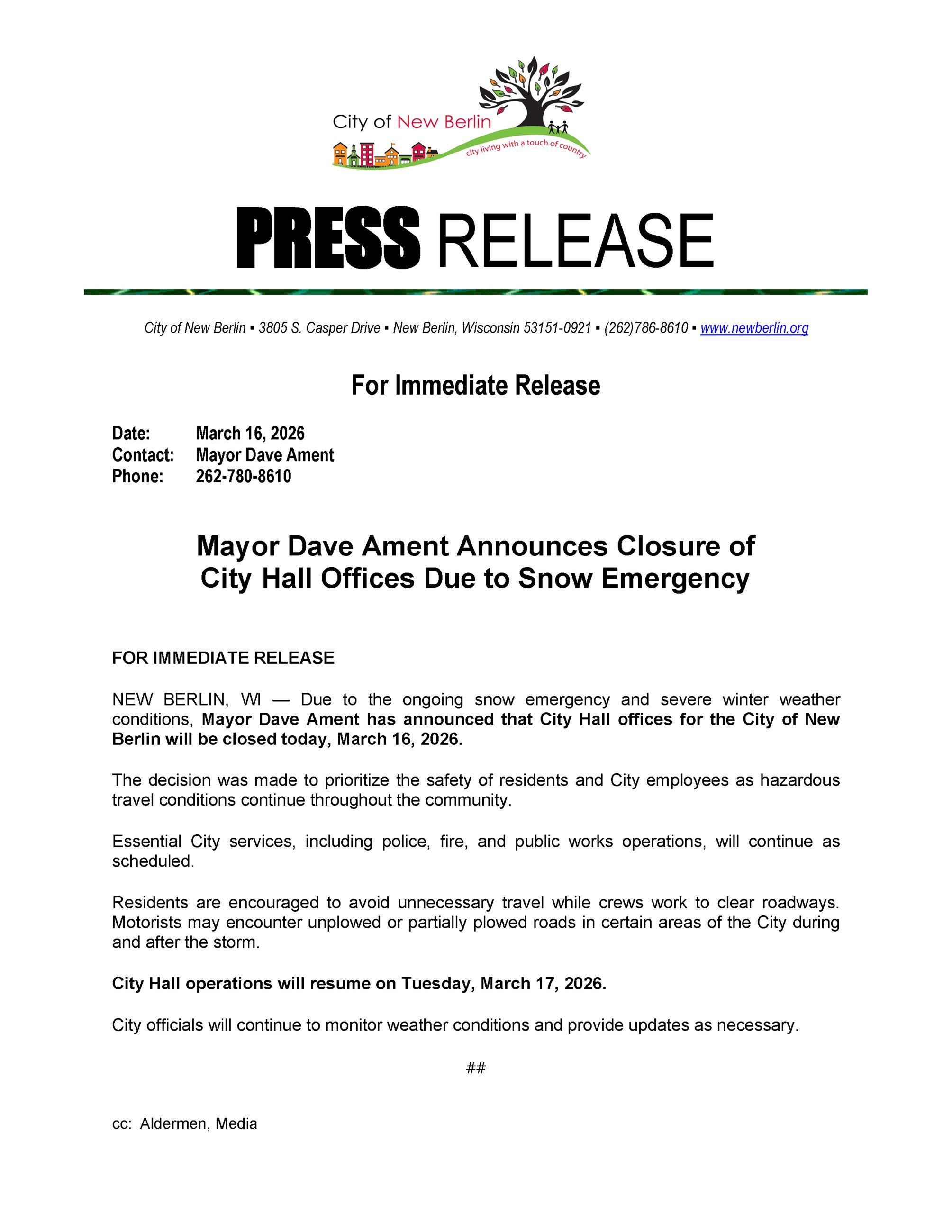 Mayor Ament Authorizes Closure of City Hall Offices_3.16.26